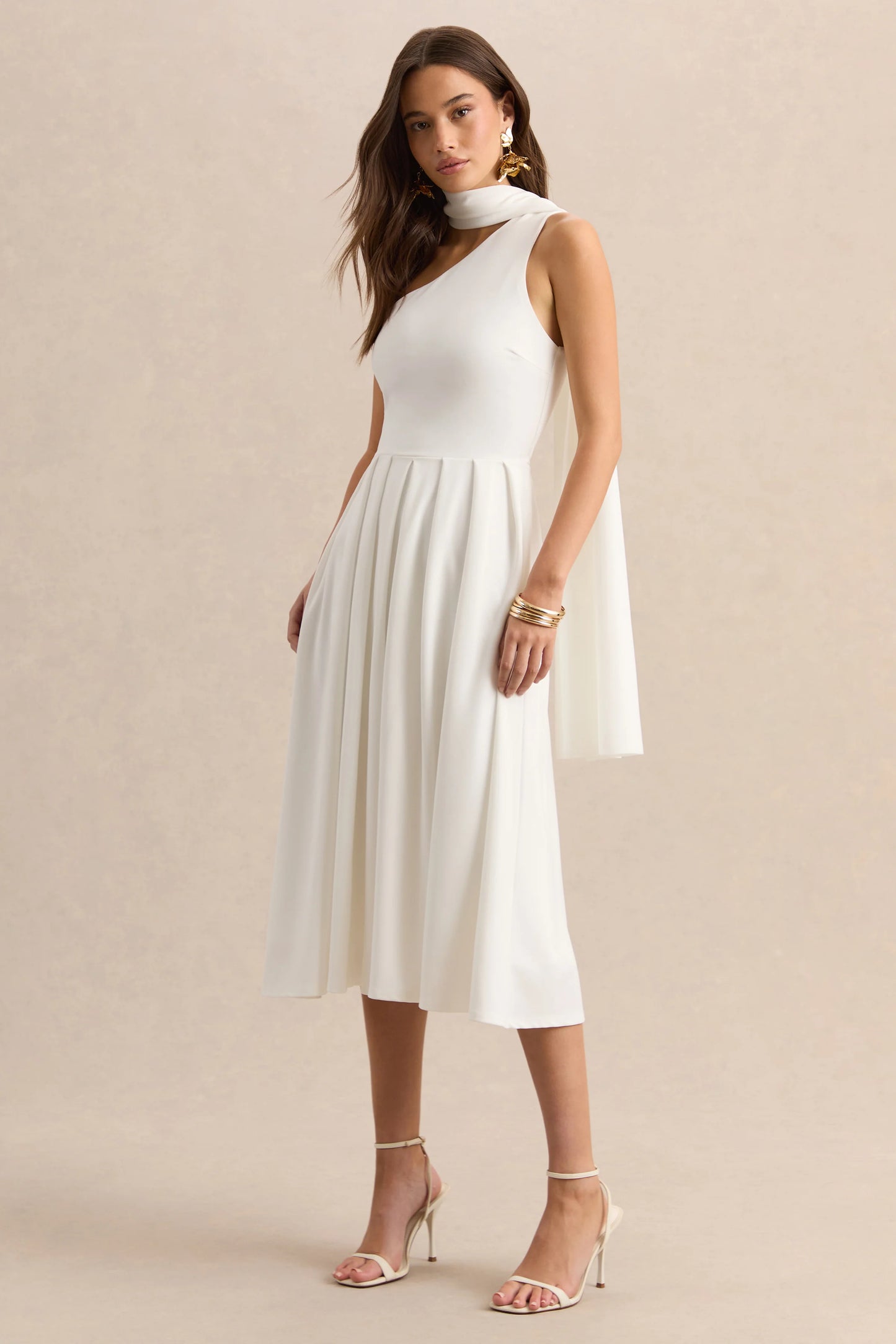 Odette White Asymmetric-Neck Midi Dress With Scarf