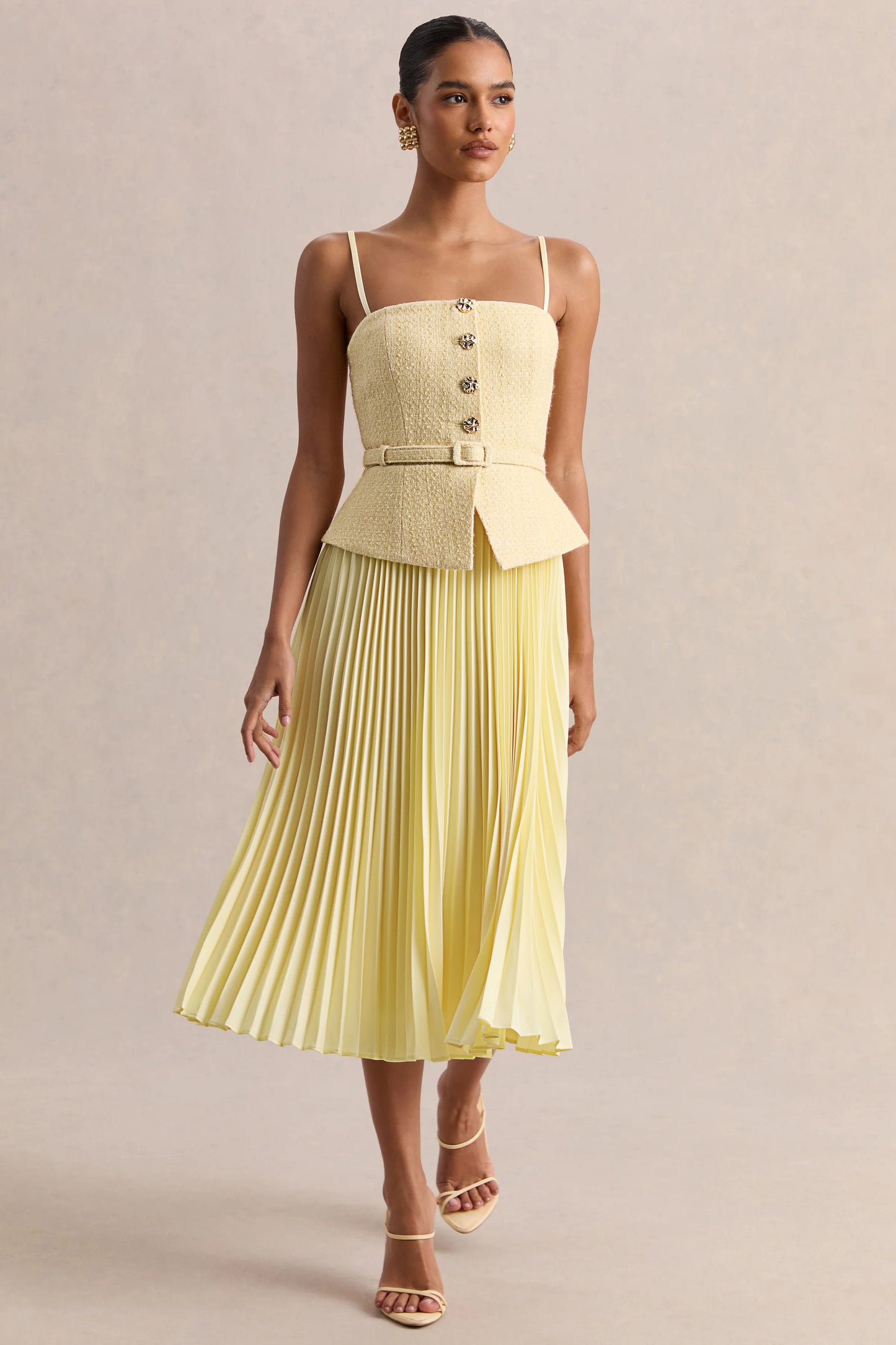 Lizzy Lemon Square-Neck Midi Dress With Pleated-Skirt
