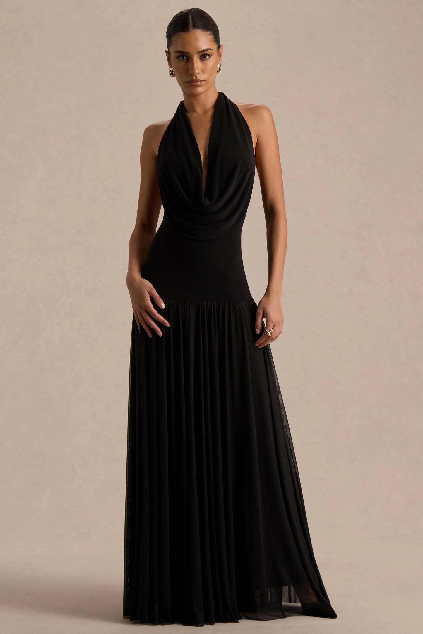 Verity Black Cowl-Neck Maxi Dress With Sheer-Skirt