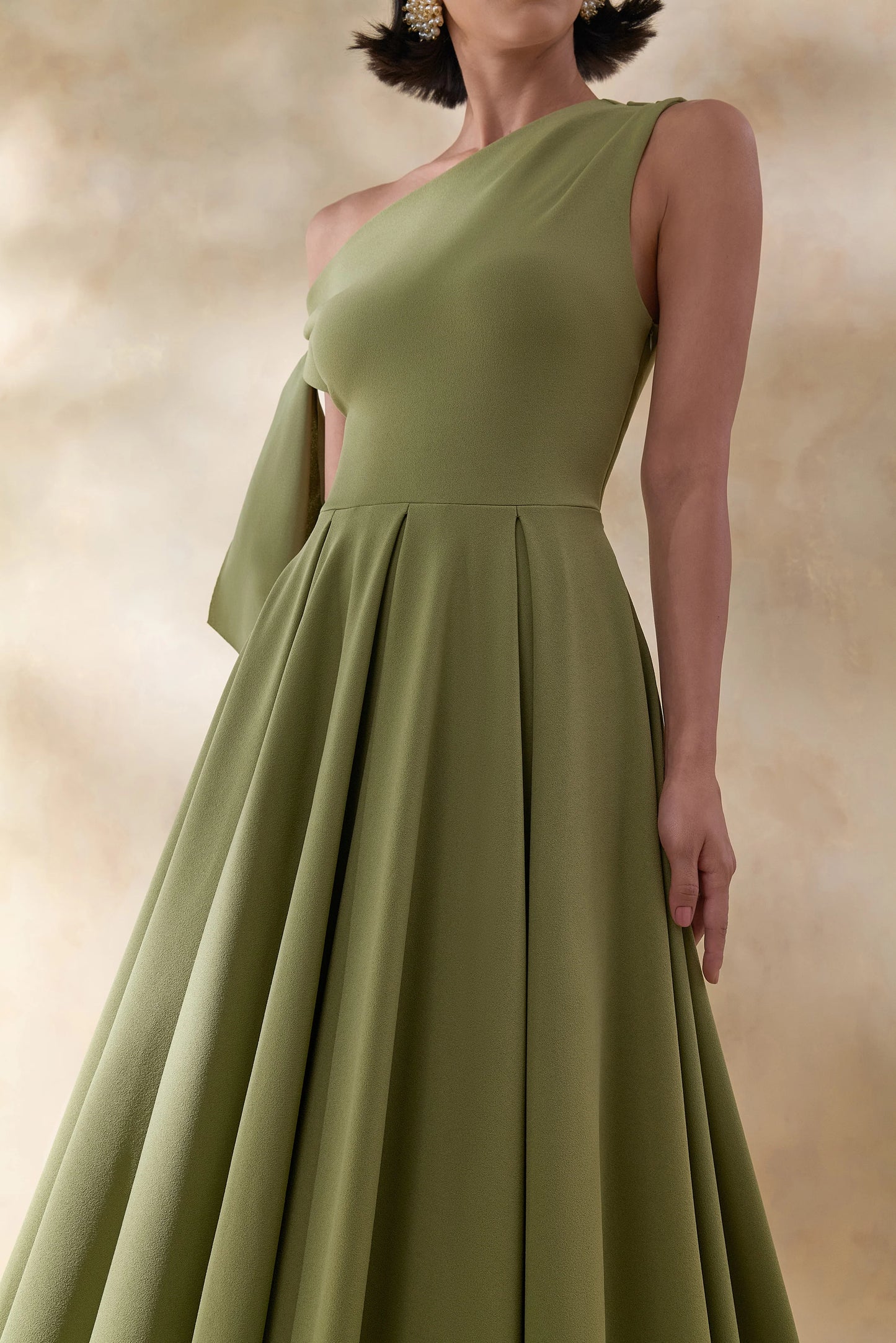 Daring Olive Asymmetric-Neck Midi Dress With Knot-Detail