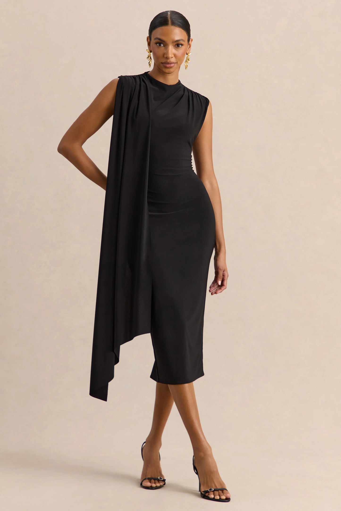 Oleandra Black High-Neck Midi-Dress With Draped-Detail