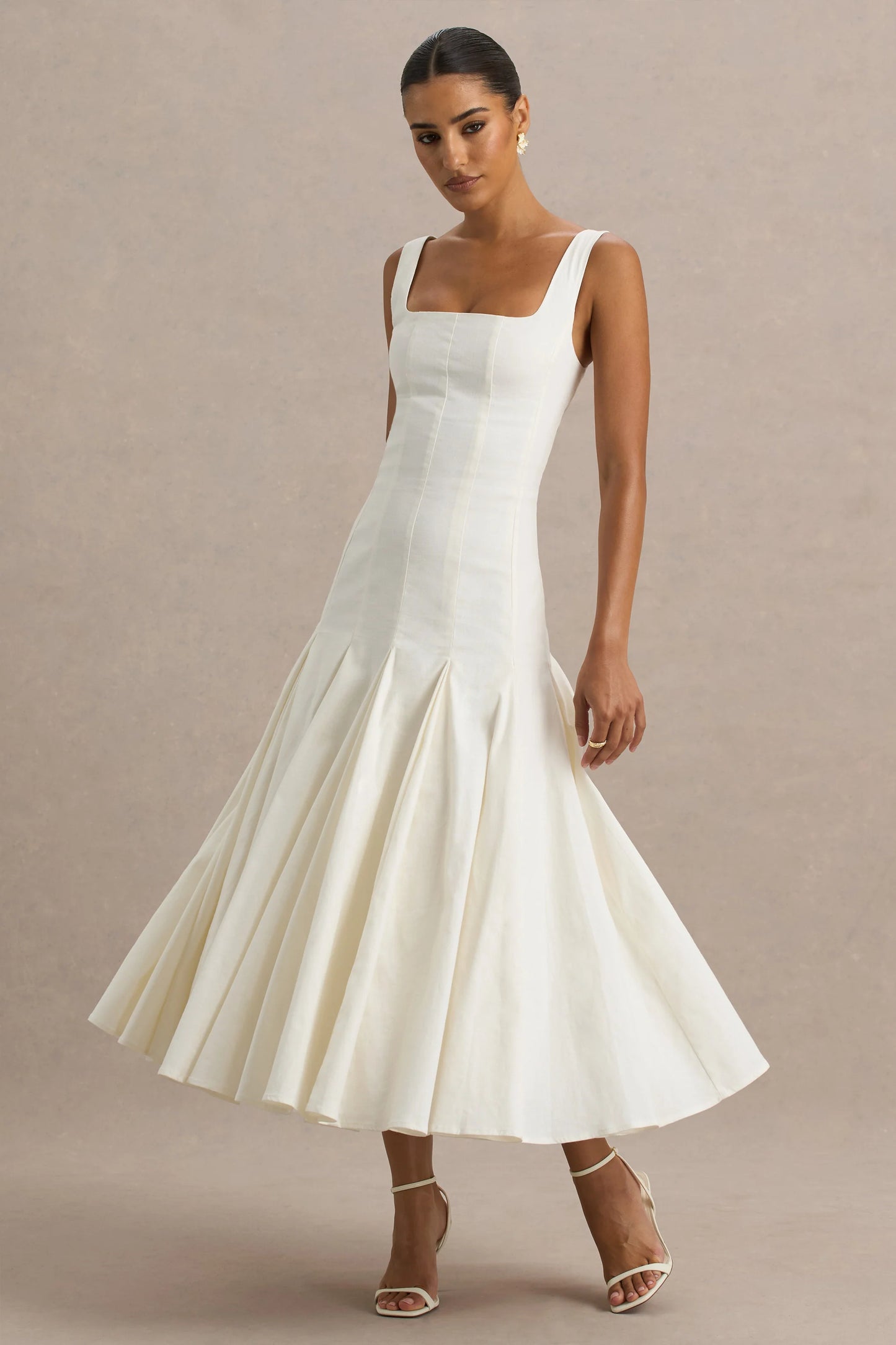 Magnolia White Scoop-Neck Midi Dress With Drop-Waist And Ruffling Detail