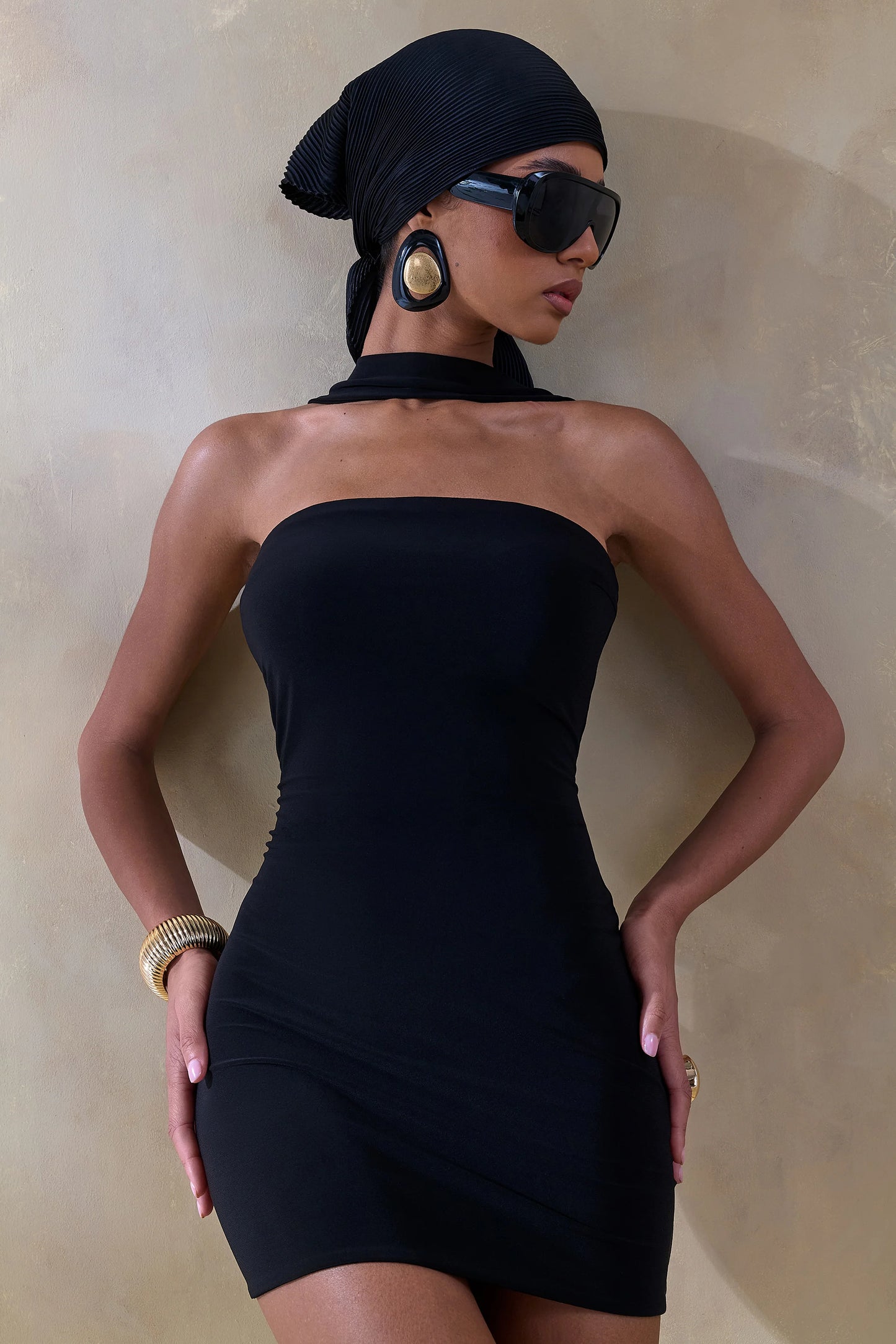 Caresse Black Bandeau Mini-Dress With Scarf-Detail