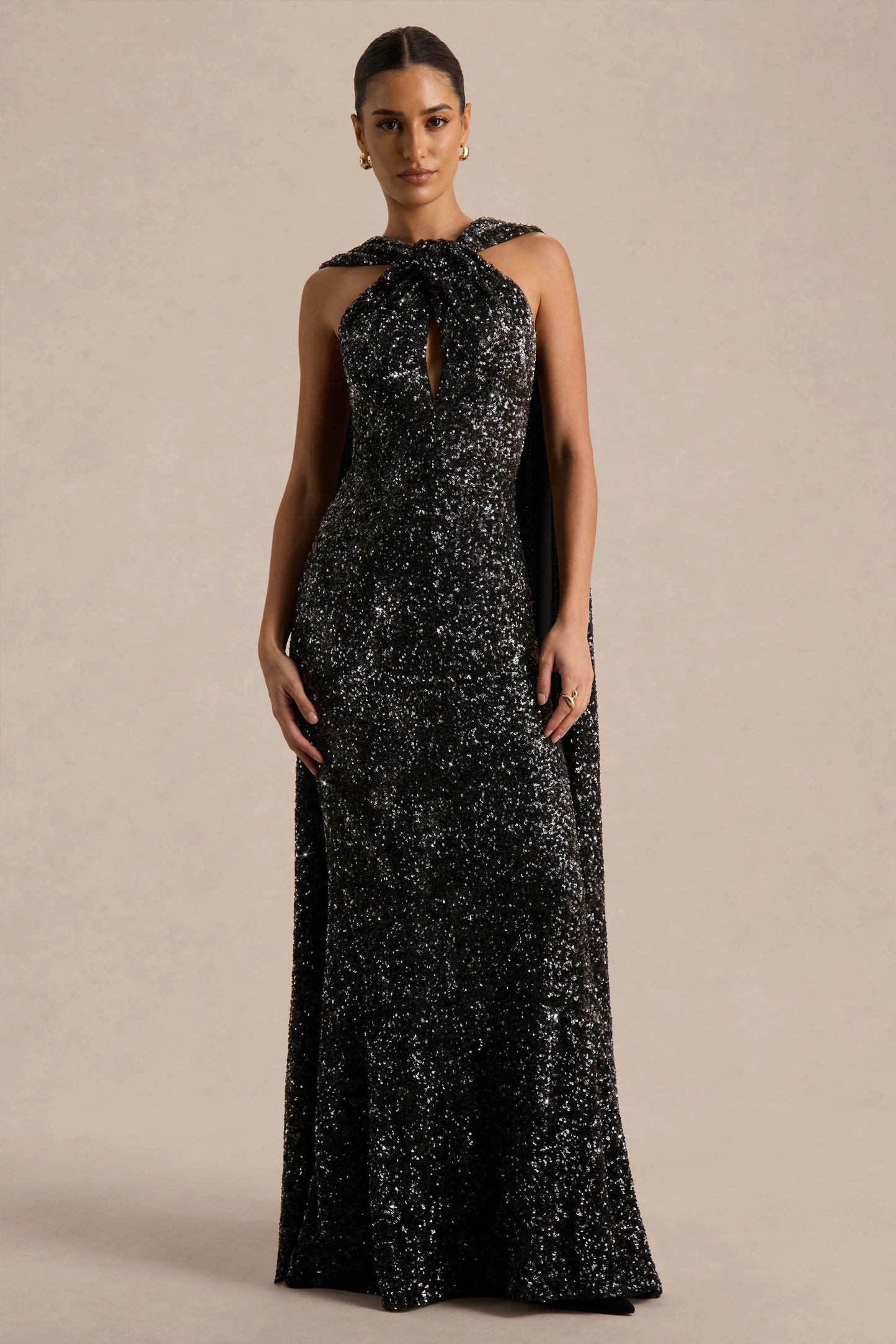 Renelle Black Sequin Halter Neck Maxi Dress