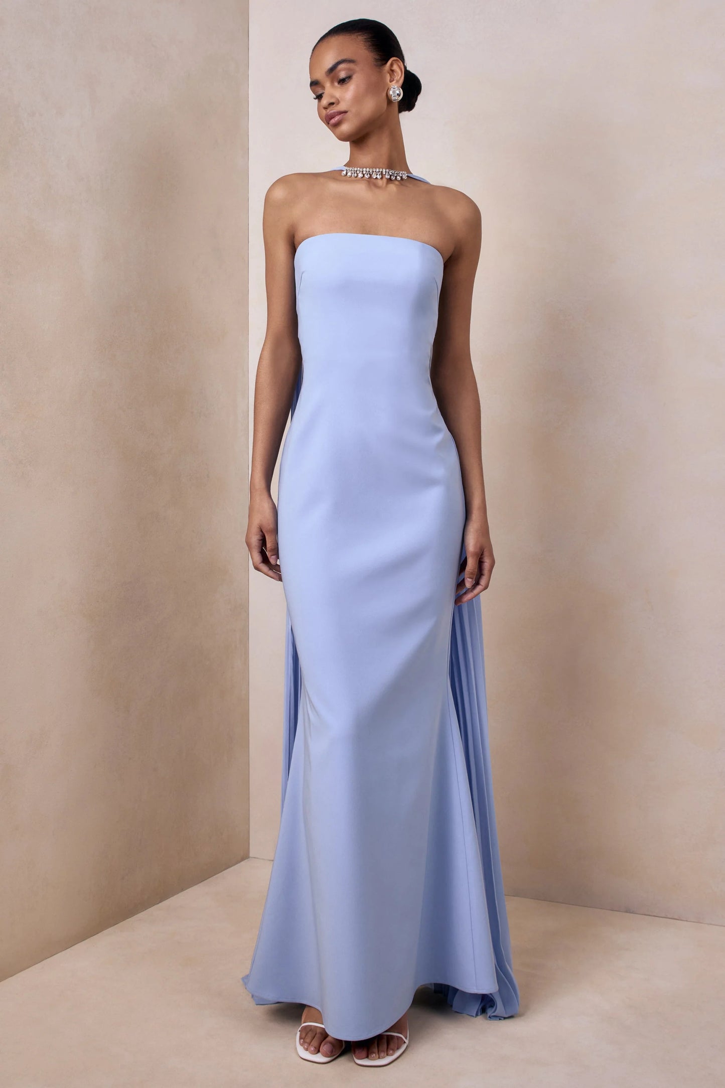 Avery Powder Blue Bandeau Maxi Dress With Embellished Scarf
