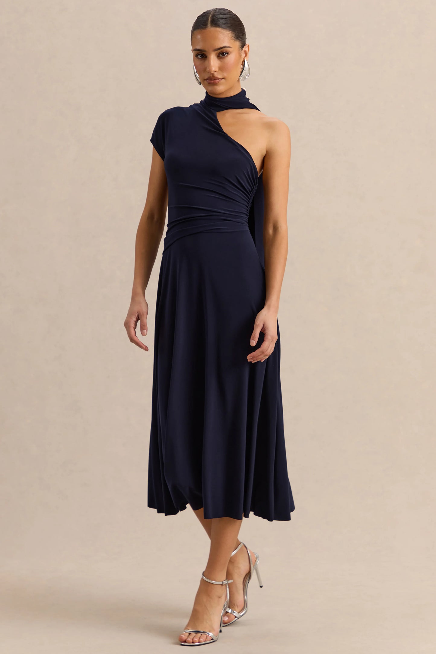 Lythara Navy Asymmetric-Neck Midi Dress With Scarf-Detail