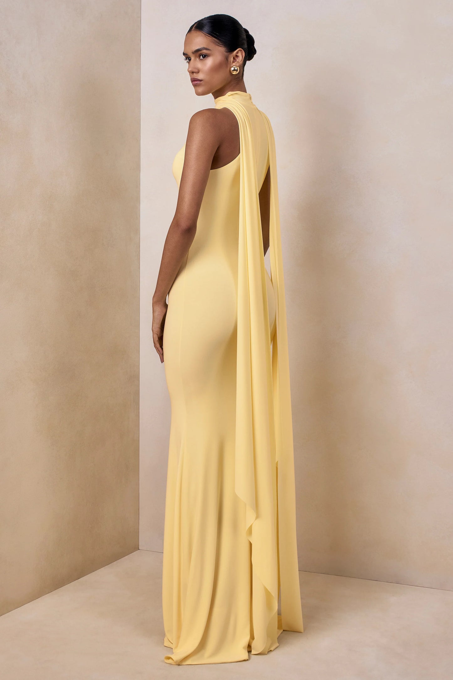 Cordy Lemon High-Neck Maxi Dress With Cape