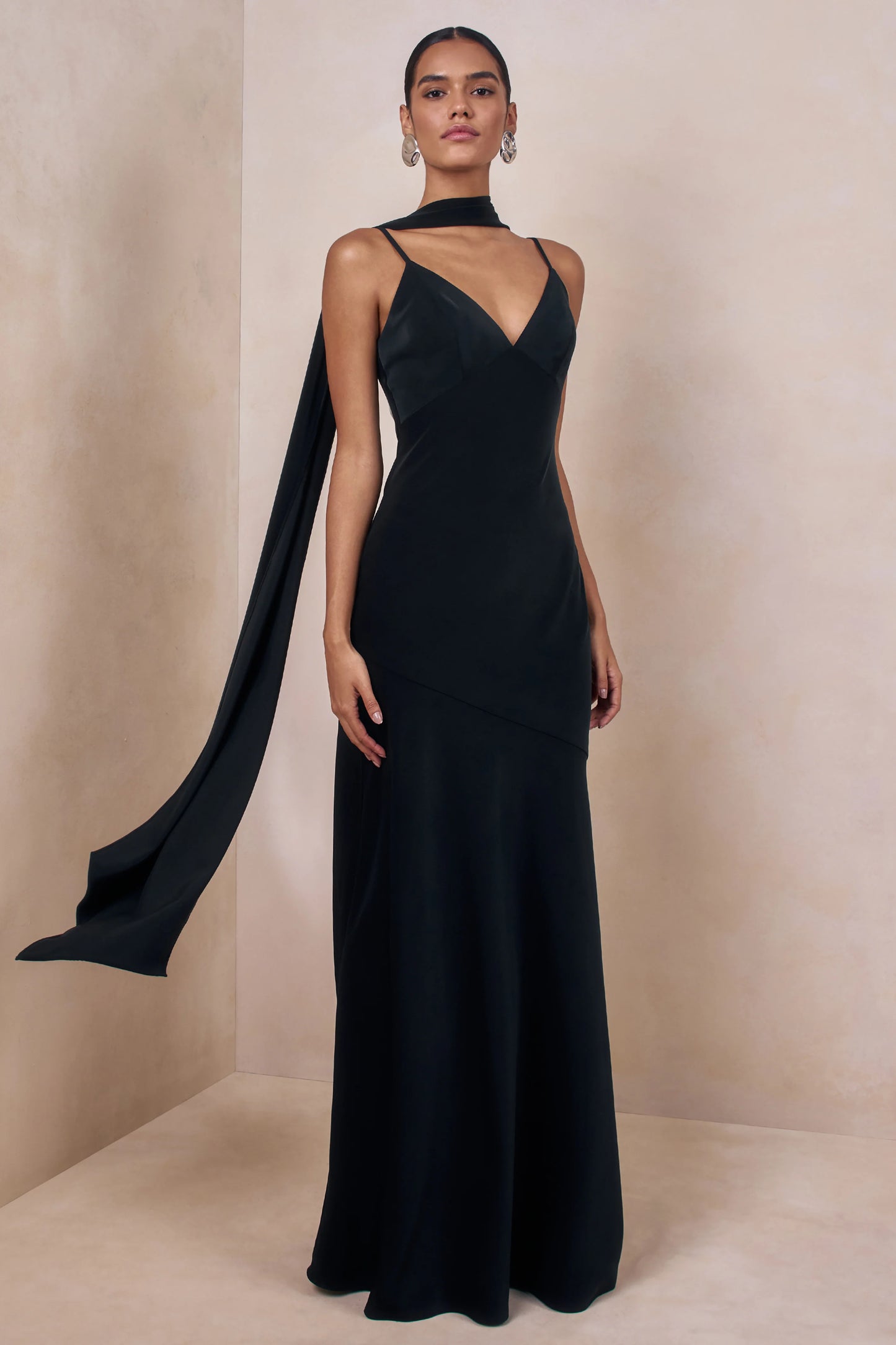 Starling Black Matte Satin Plunge-Neck Maxi Dress With Scarf-Detail