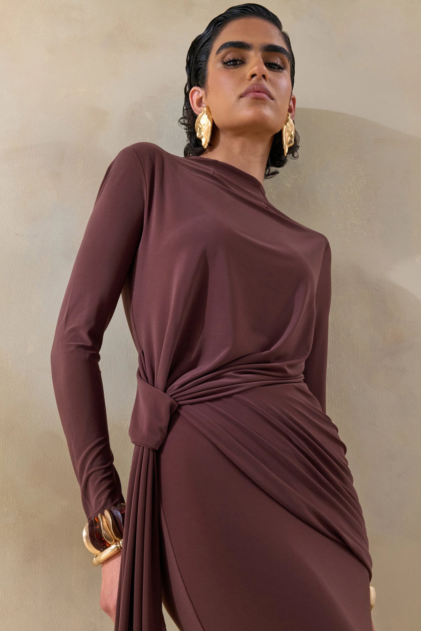 Kyrissa Brown High-Neck Maxi Dress With Gathered-Detailing