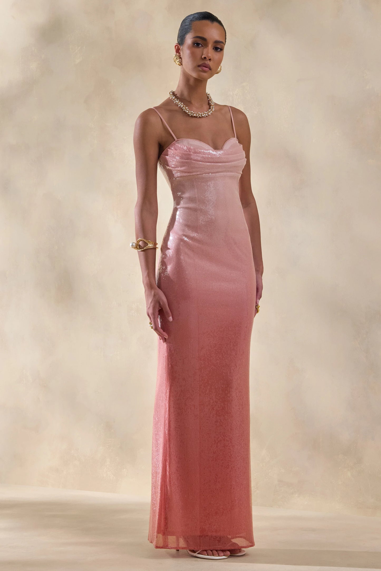 Feloria Coral Ombre Sequin Cowl-Neck Maxi Dress