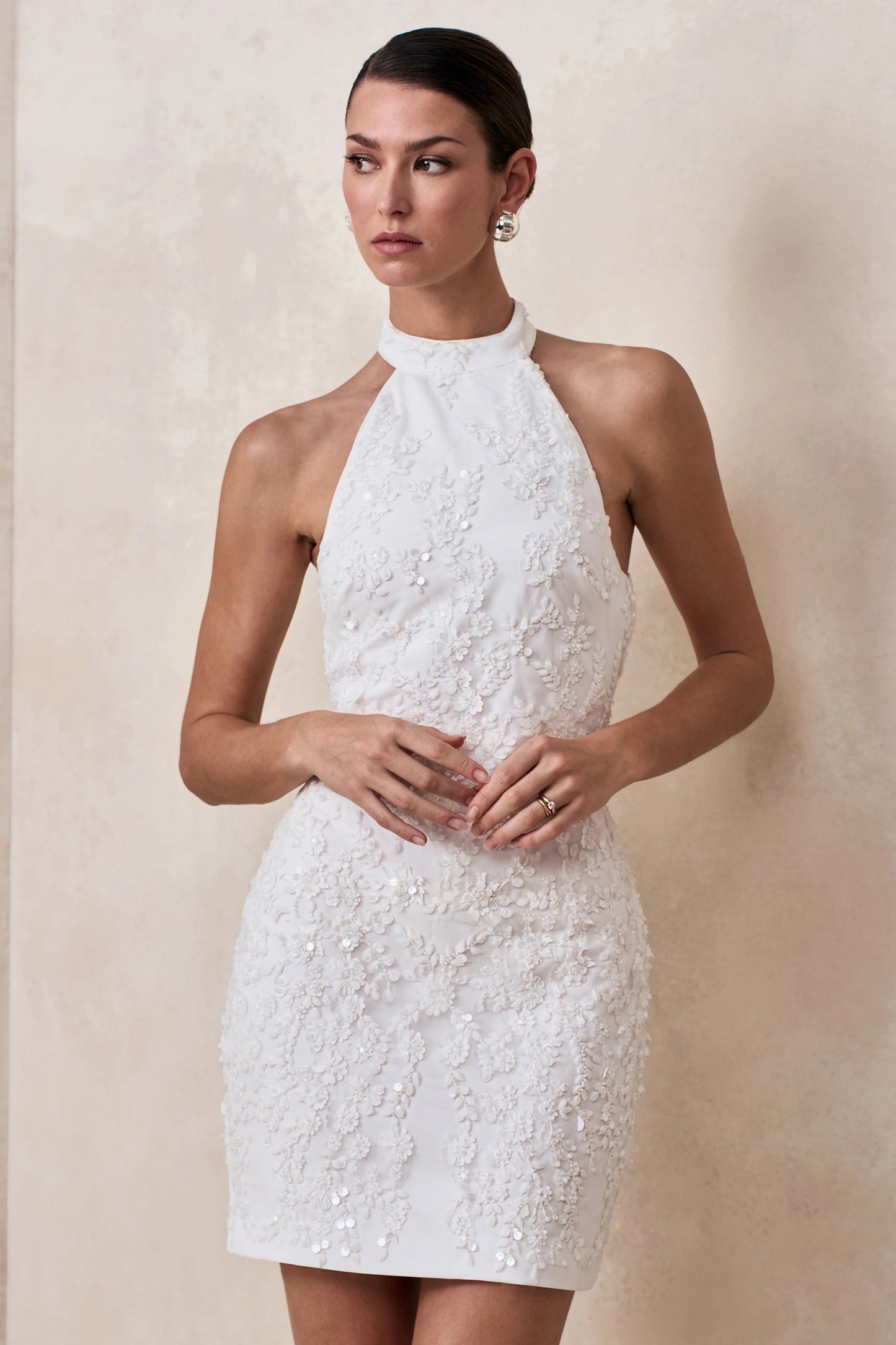 Penelope White Embellished High Neck Mini Dress