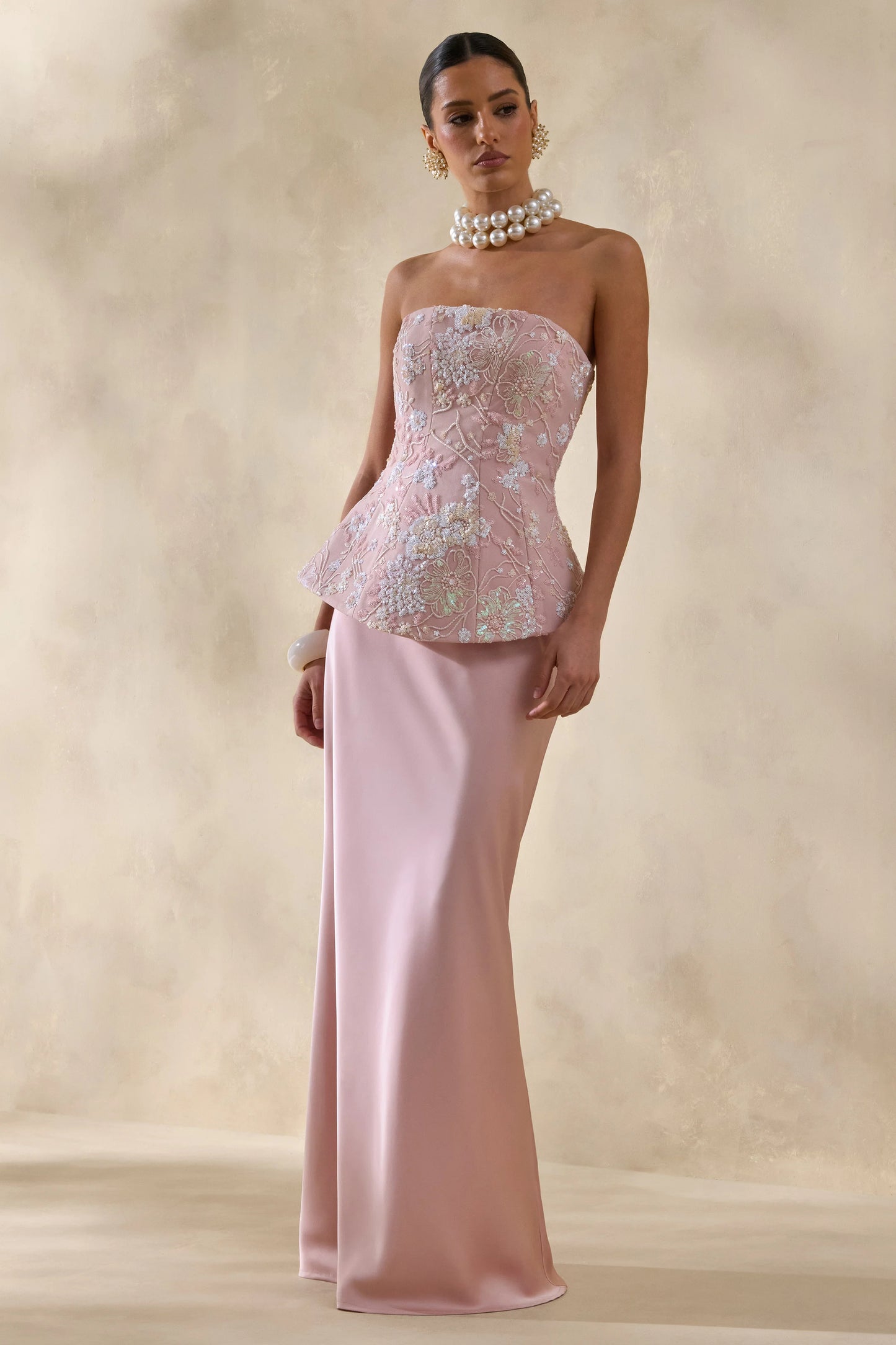 Corvina Pink Embellished Floral Bandeau Corset Maxi Dress