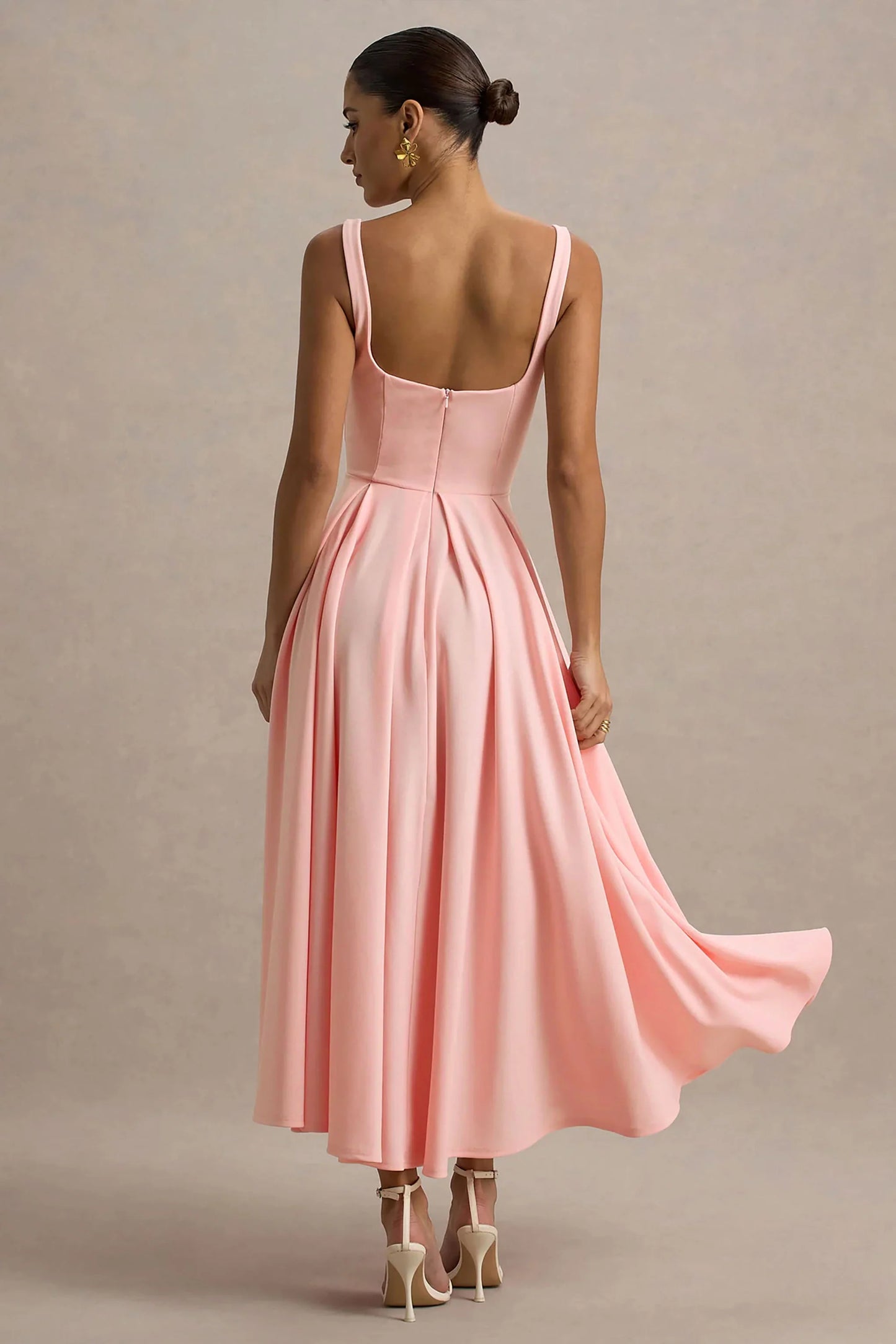 Parina Pink Strappy Volume-Hem Midi Dress