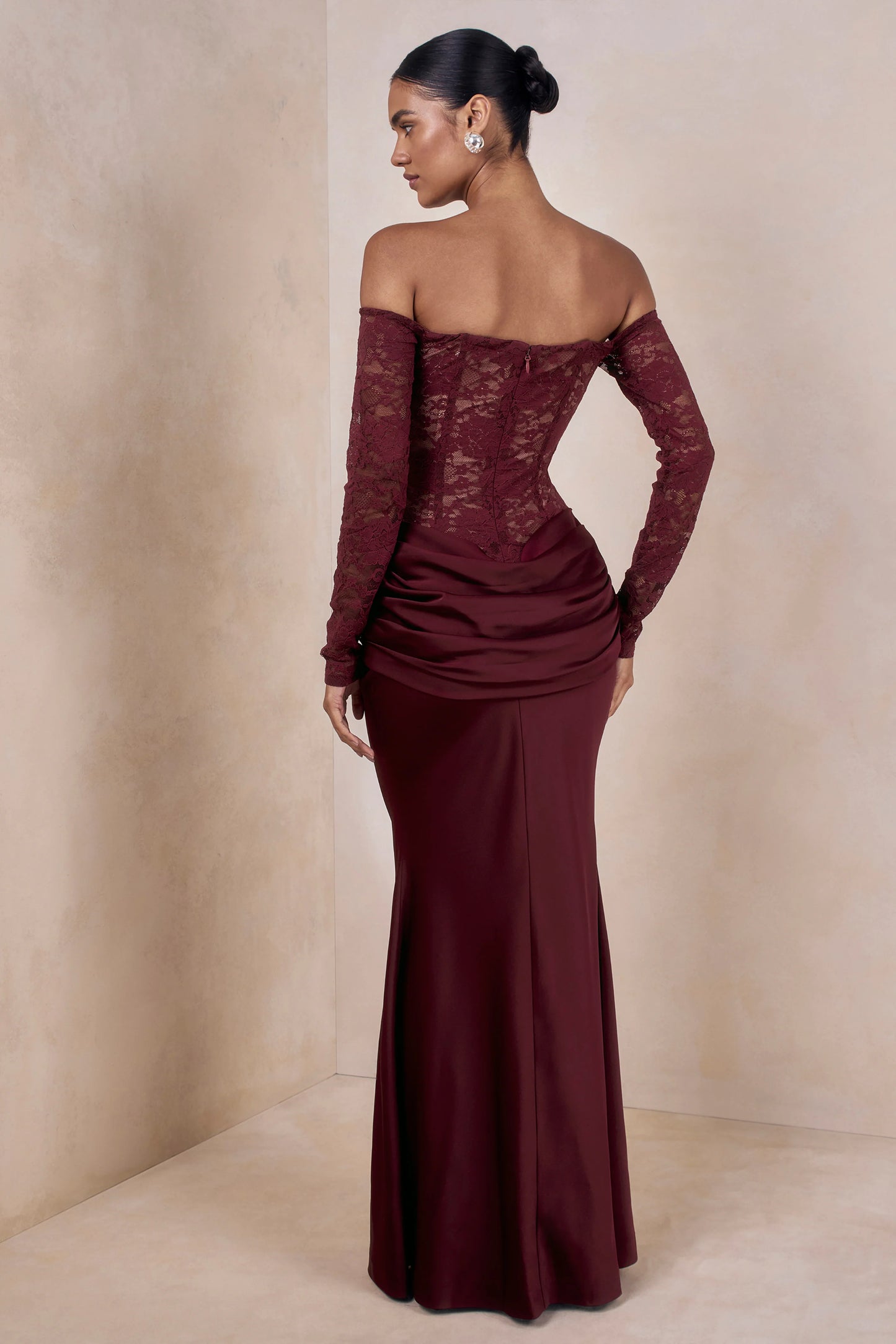 Rinna Burgundy Lace Bardot-Neck Maxi Dress