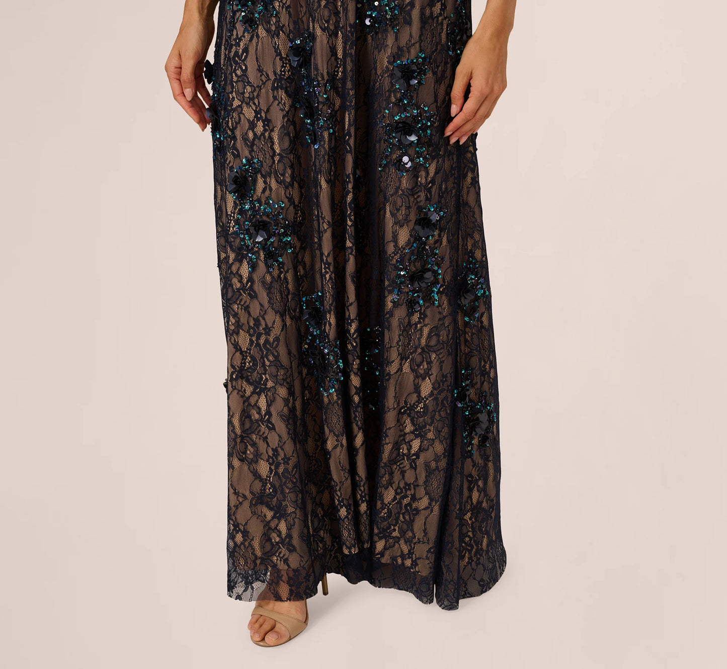 Sleeveless Sequin Floral Lace Gown In Midnight Multi Nude