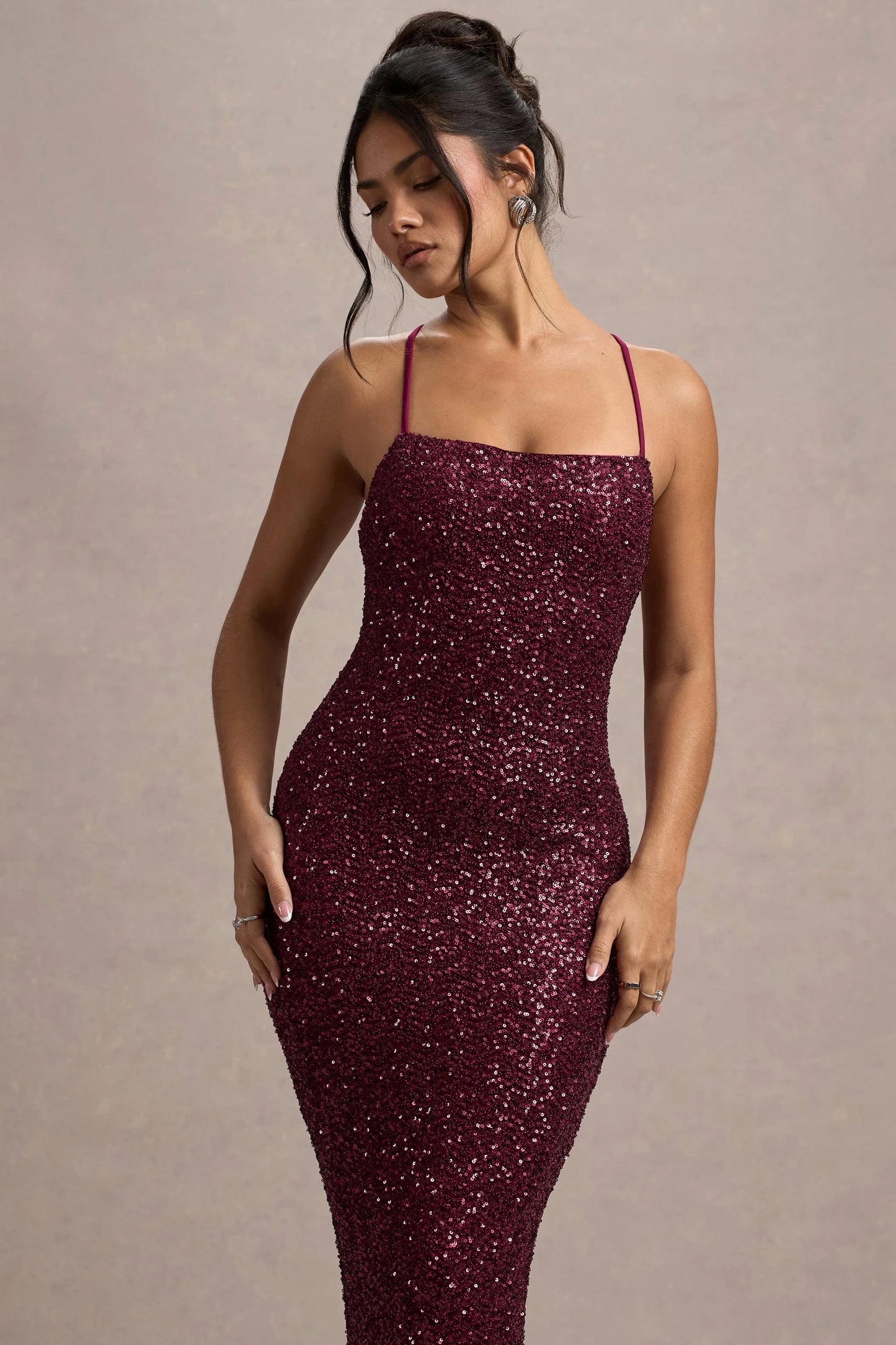 Cosmic Berry Sequin Square-Neck Strappy Maxi Dress