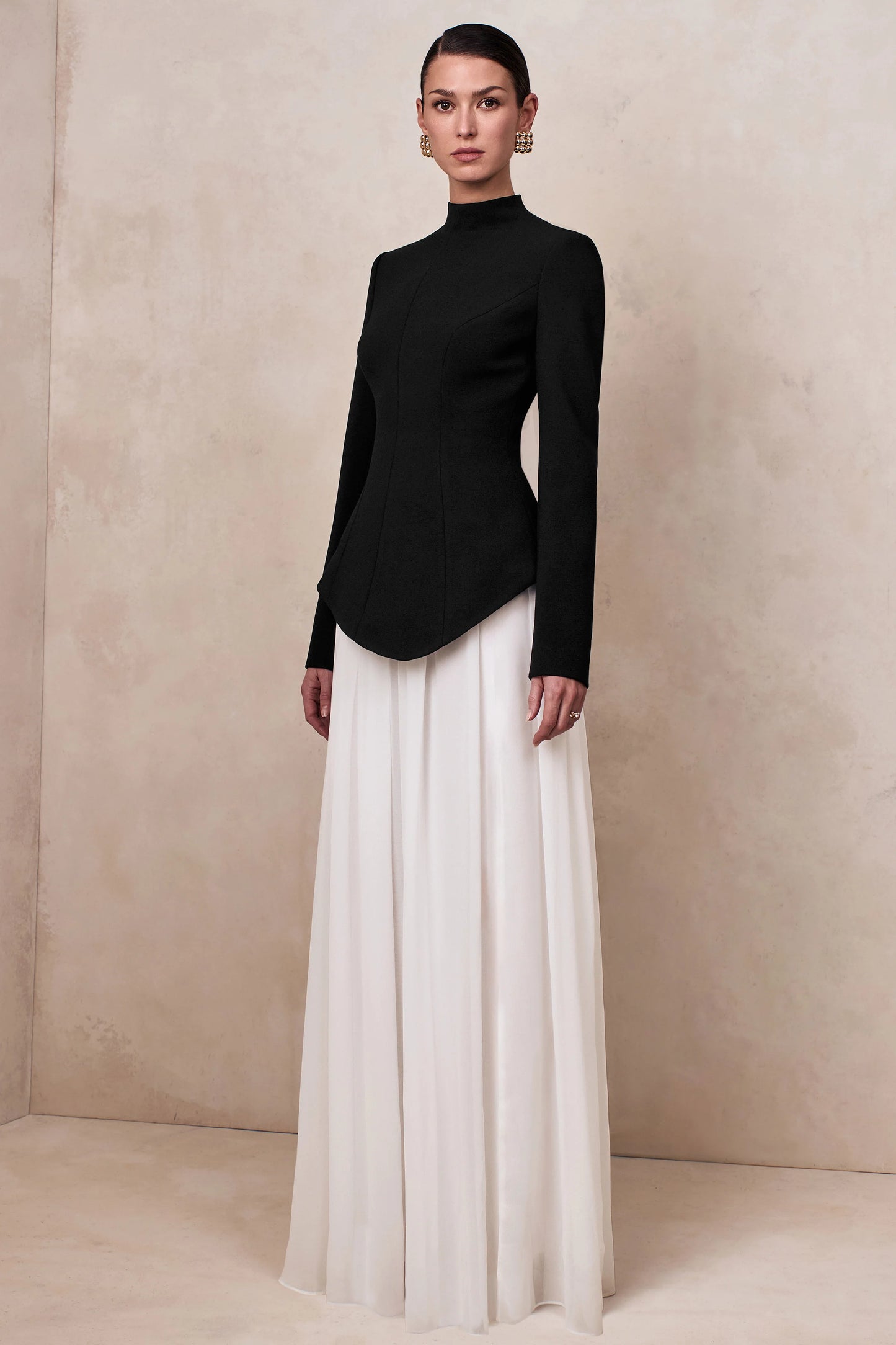 Halma Black & White High-Neck Maxi Dress With Drop-Waist