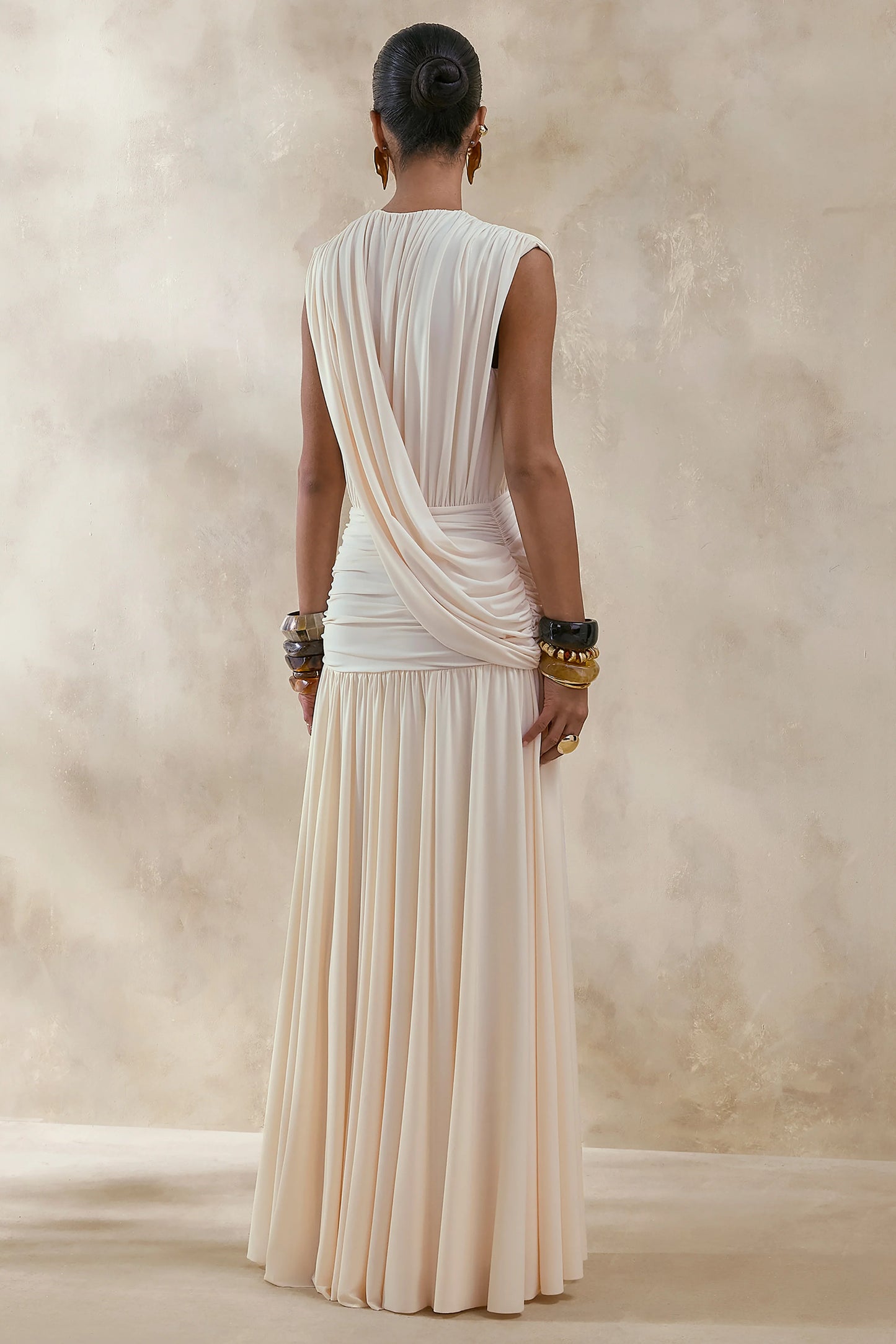 Glorina Cream Plunge-Neck Maxi Dress With Draped-Detailing