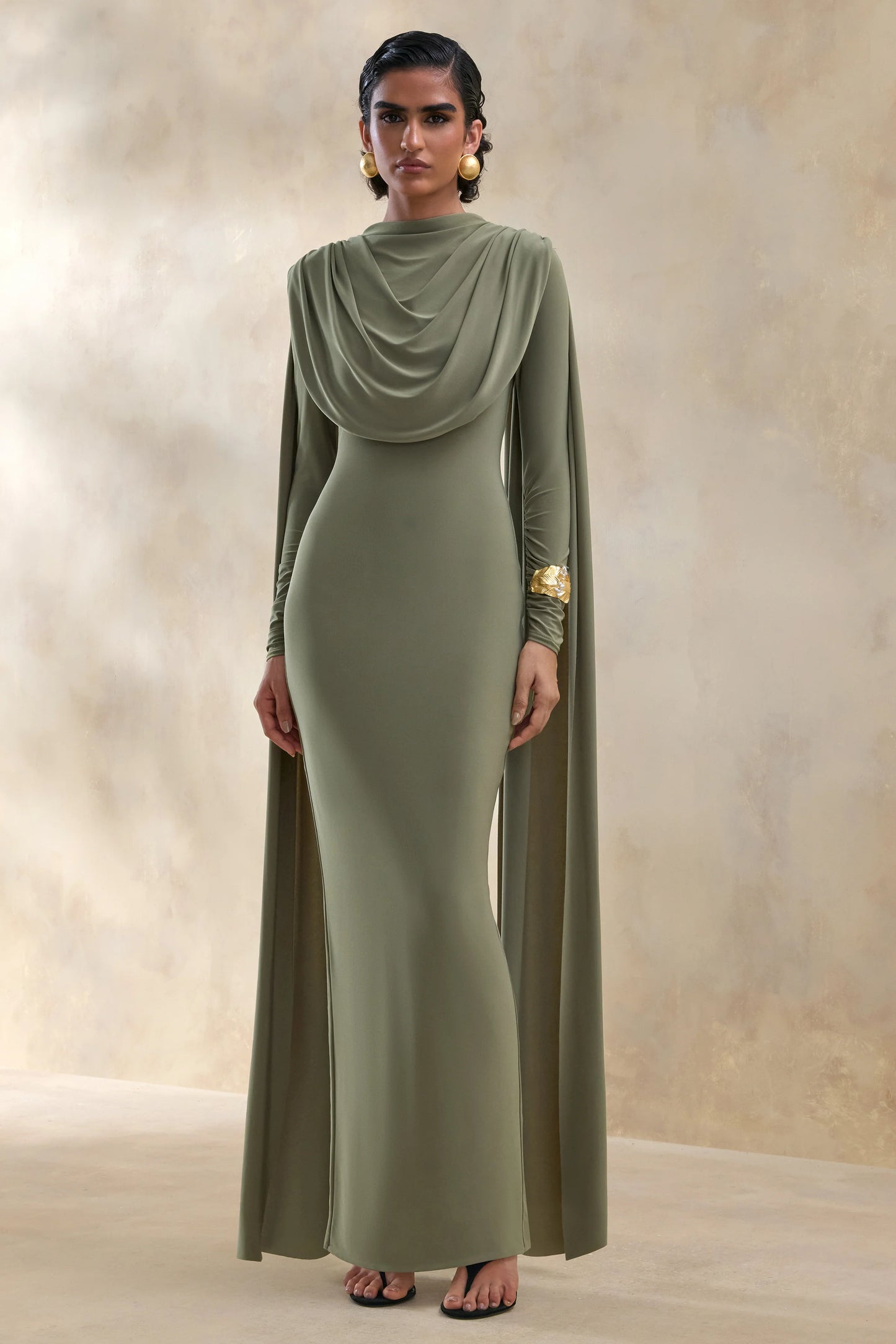 Lysoria Olive High-Neck Maxi Dress With Draped-Detailing And Cape-Sleeves