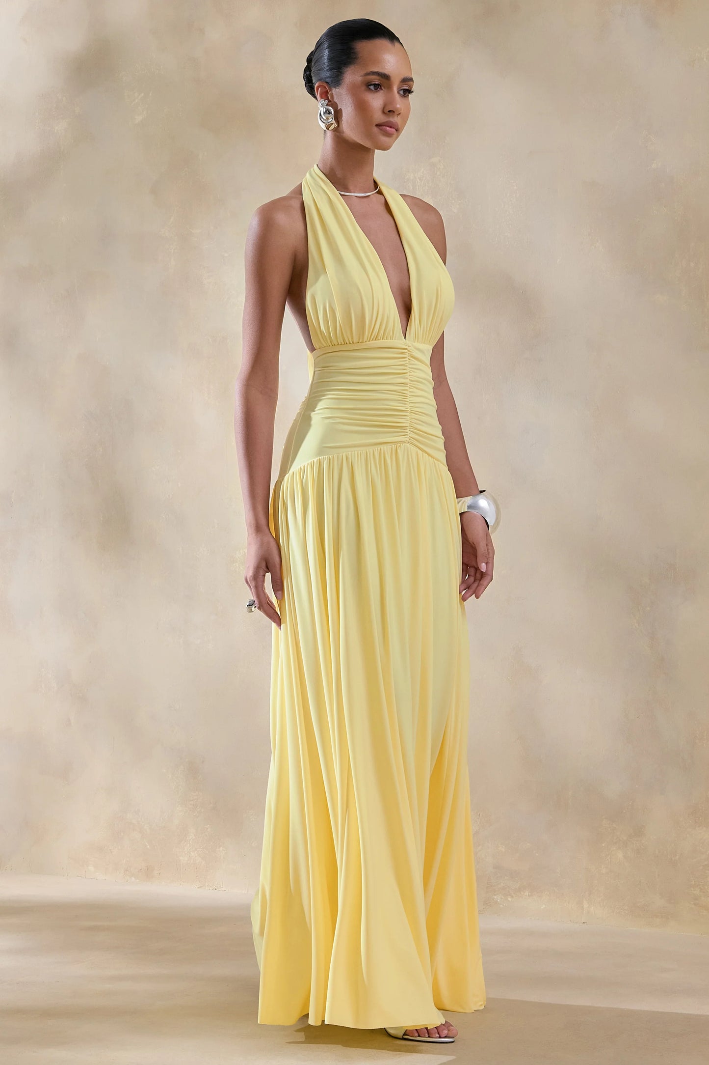 Bettina Lemon Plunge-Neck Maxi Dress With Gathered-Detailing