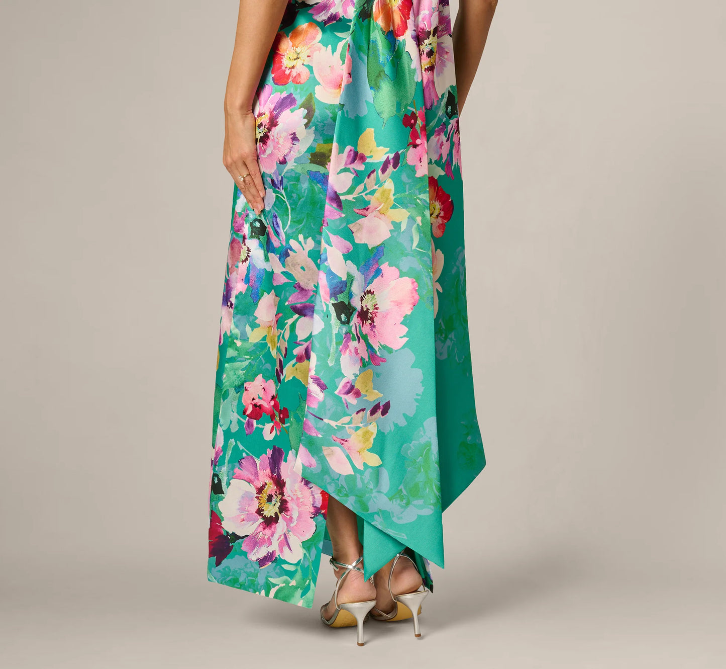 Floral Mikado Scarf Train Column Gown In Green Multi