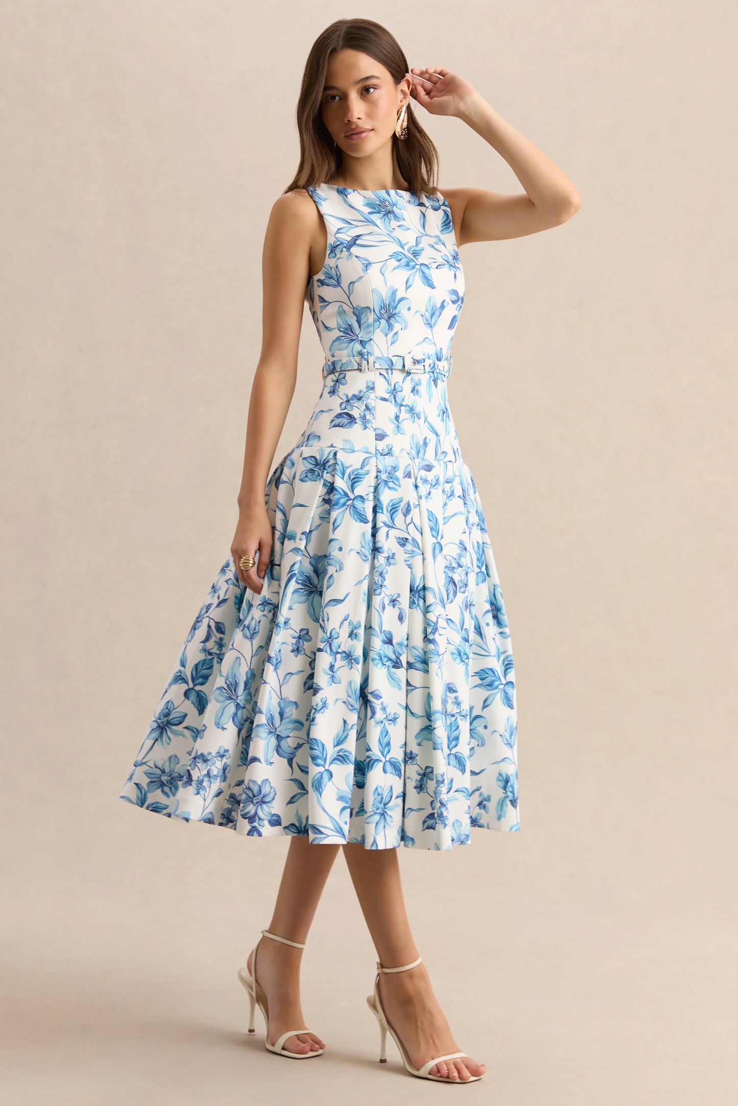 Sunnira Blue Porcelain Print Boat-Neck Midi Dress With Drop-Waist