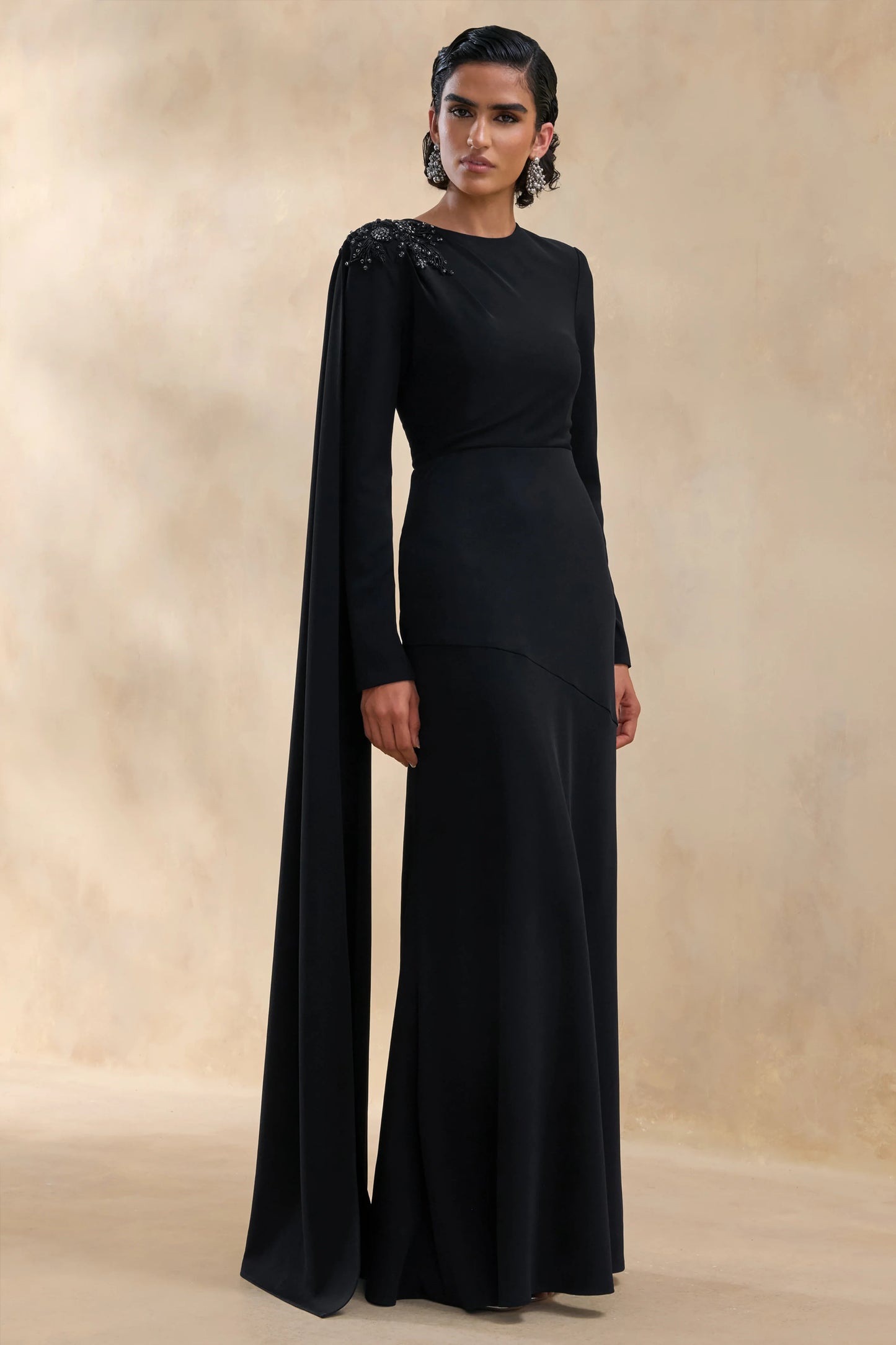 Reese Black High-Neck Maxi Dress With Embellished Detail and Sash
