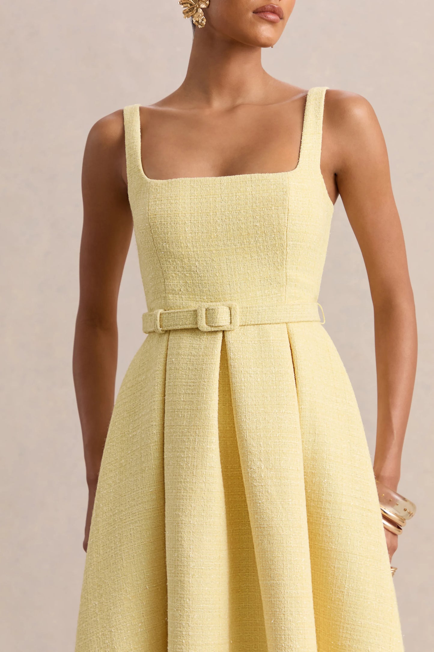 Camoria Lemon Boucle Square-Neck Midi Dress