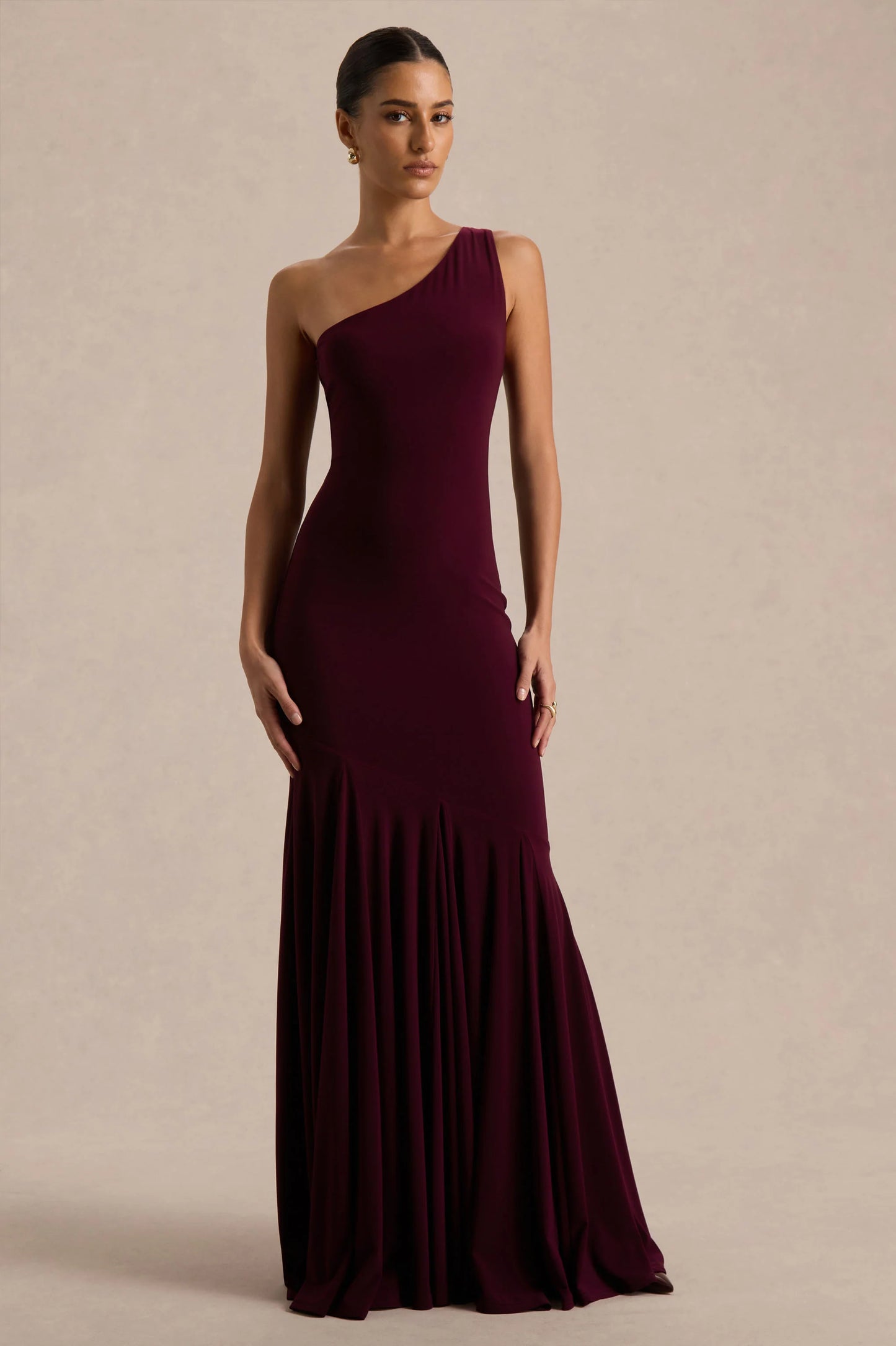 Zya Dark Plum Asymmetric-Neck Fishtail Maxi Dress