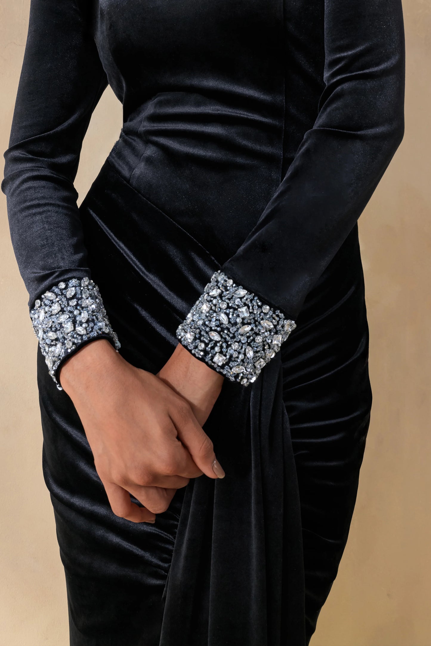 Perrin Black Velvet Crew-Neck Maxi Dress With Embellished Cuffs