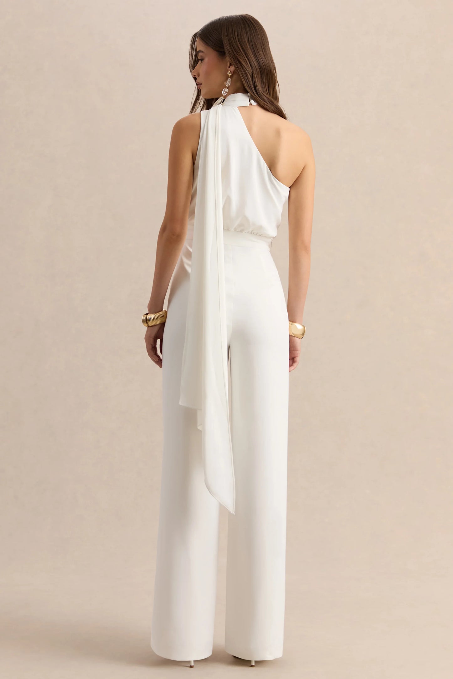 Gliselle White Asymmetric-Neck Jumpsuit With Scarf-Detail