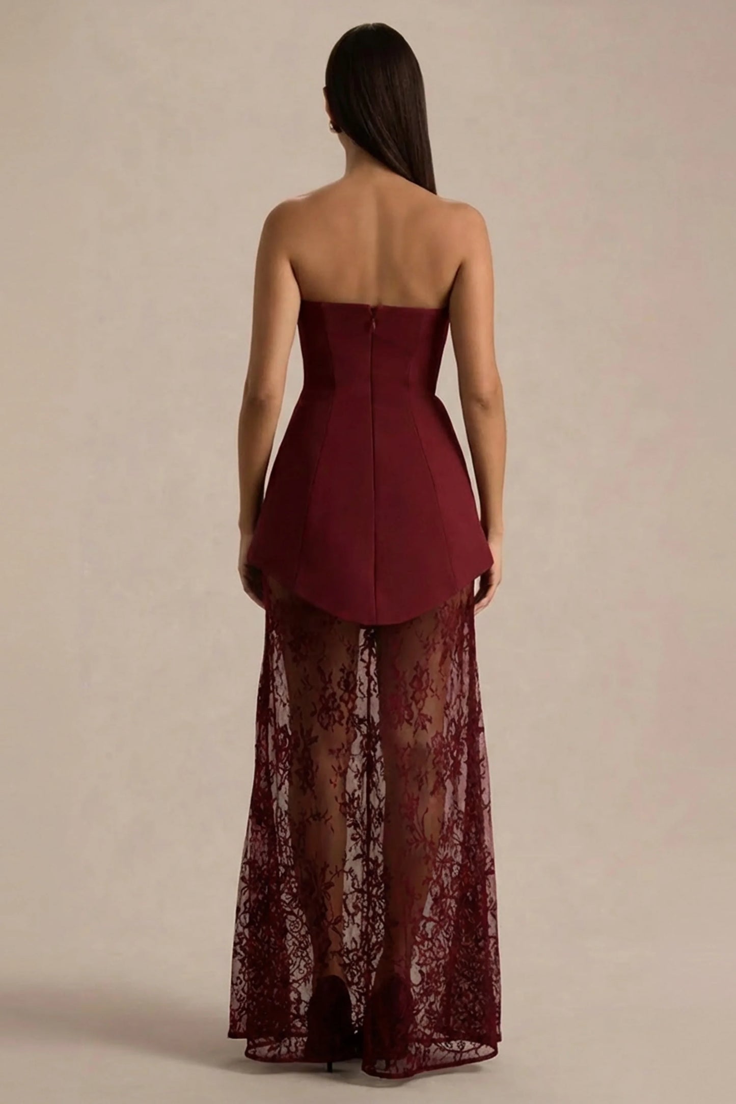 Brandi Burgundy Bandeau Maxi Dress With Lace Skirt