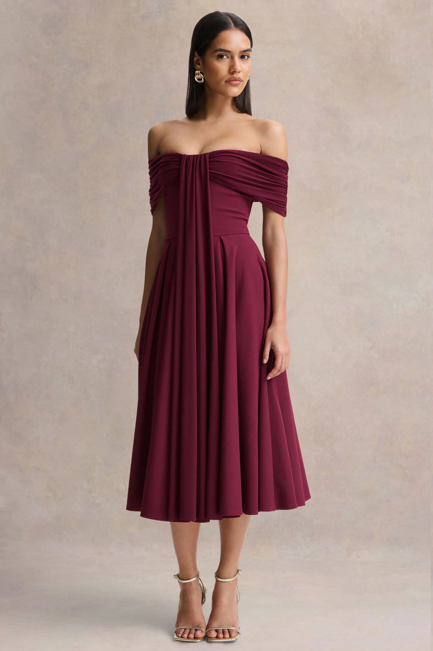 Dearest Burgundy Bardot-Neck Midi Dress