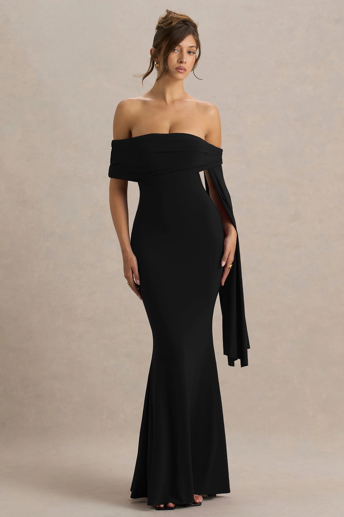 Saffina Black Bardot-Neck Maxi Dress With Sash Detail