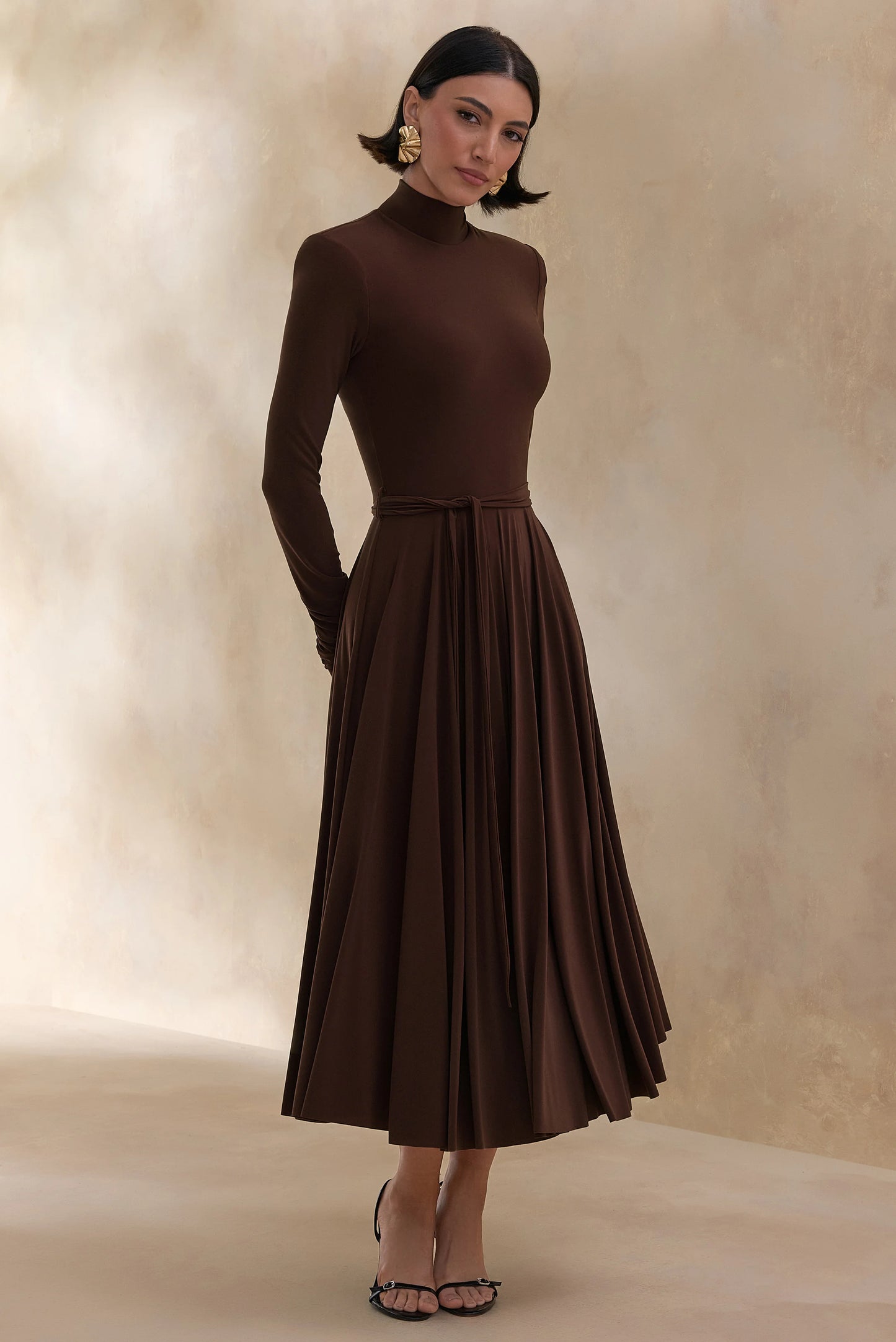 Opalia Brown High-Neck Belted Midi Dress