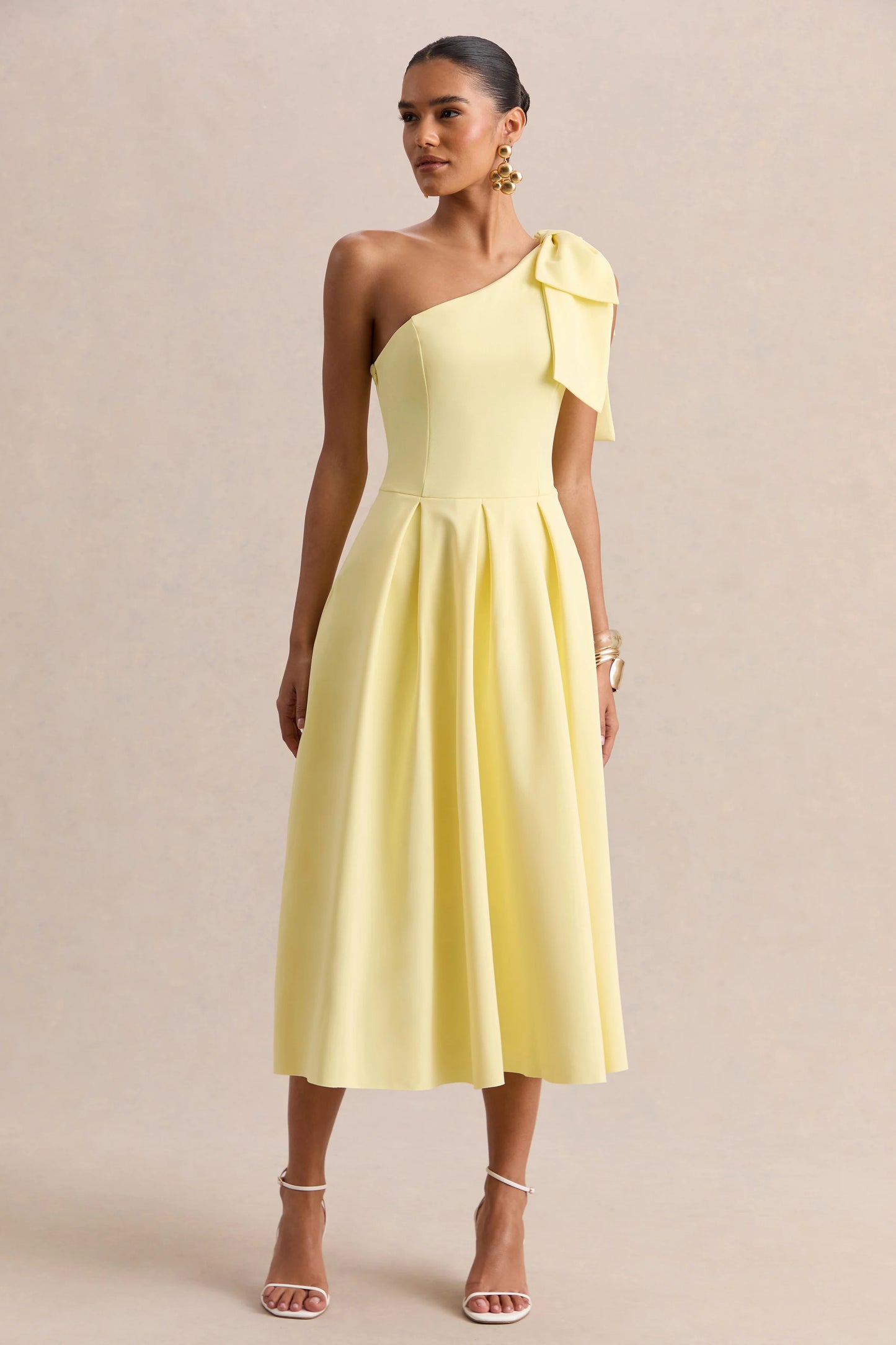 Meria Lemon Asymmetric-Neck Midi Dress With Bow-Sleeve