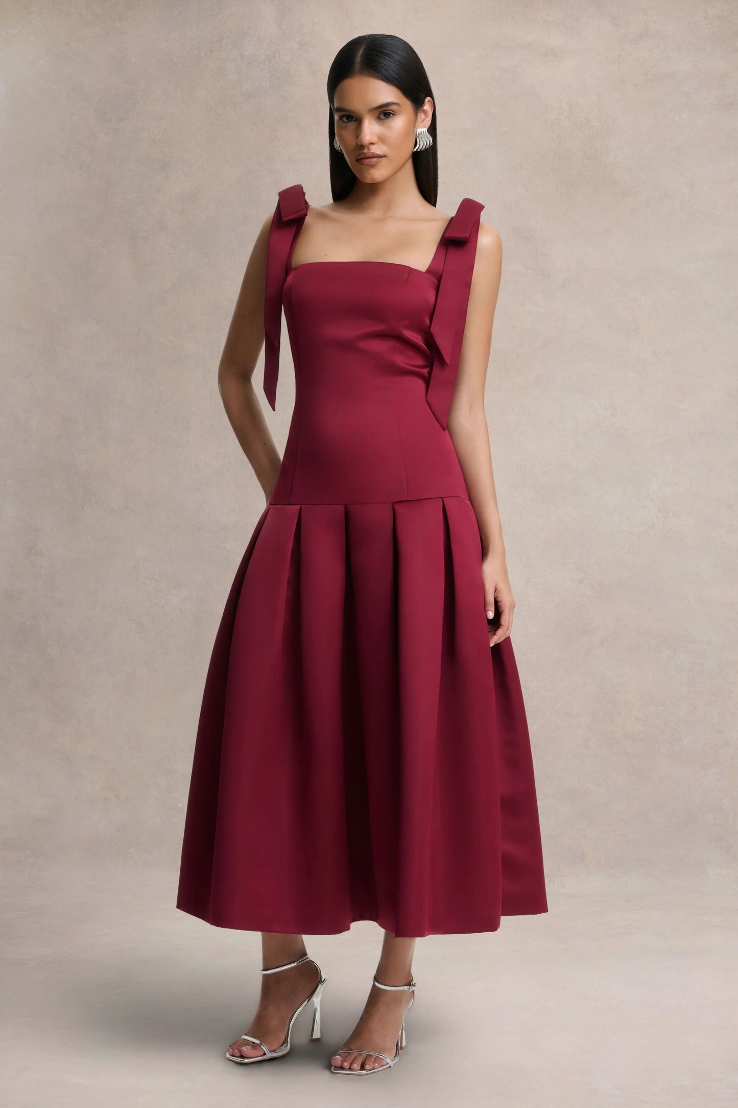 Alberta Burgundy Satin Square-Neck Midi Dress With Bow Straps