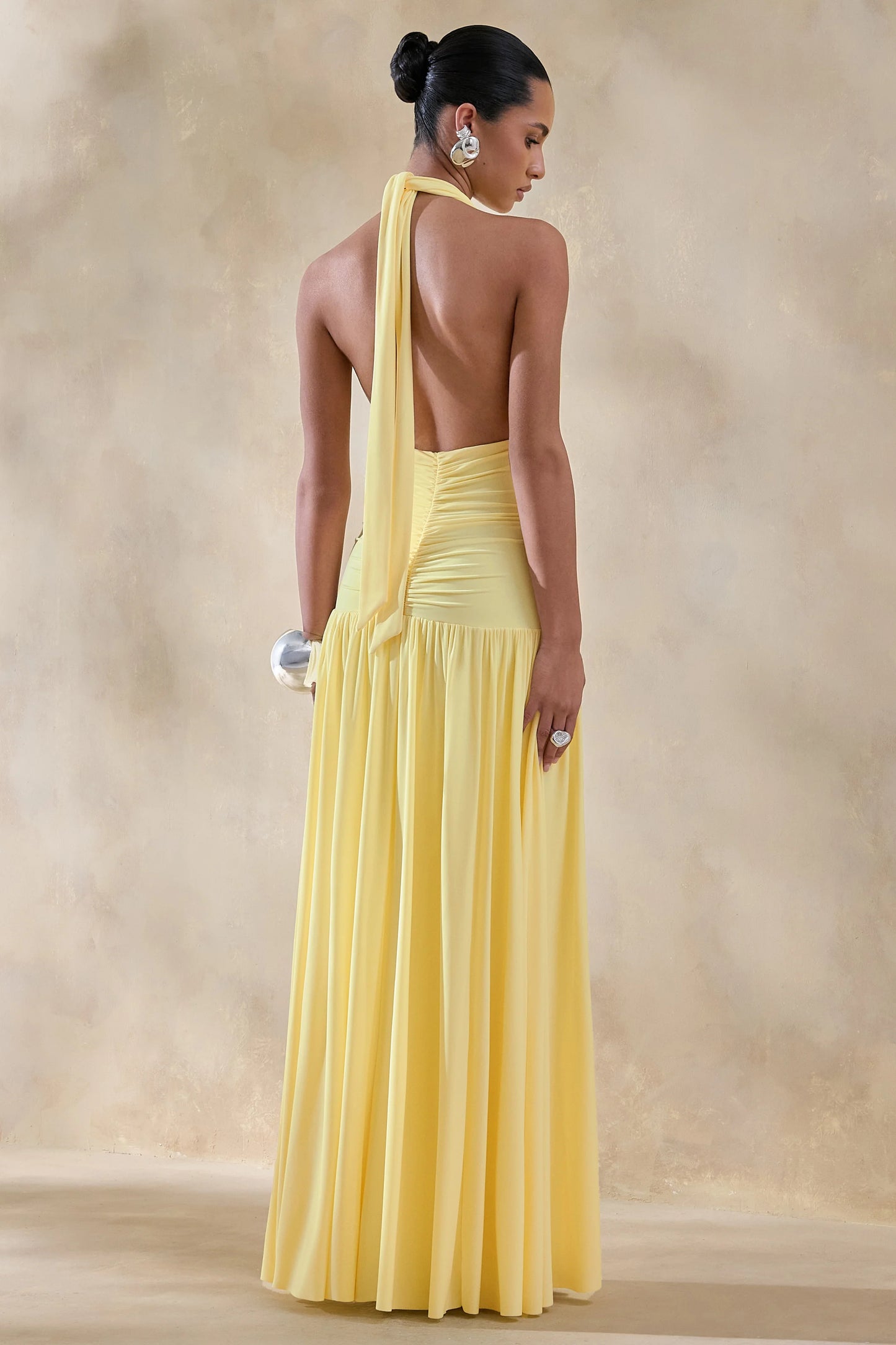 Bettina Lemon Plunge-Neck Maxi Dress With Gathered-Detailing