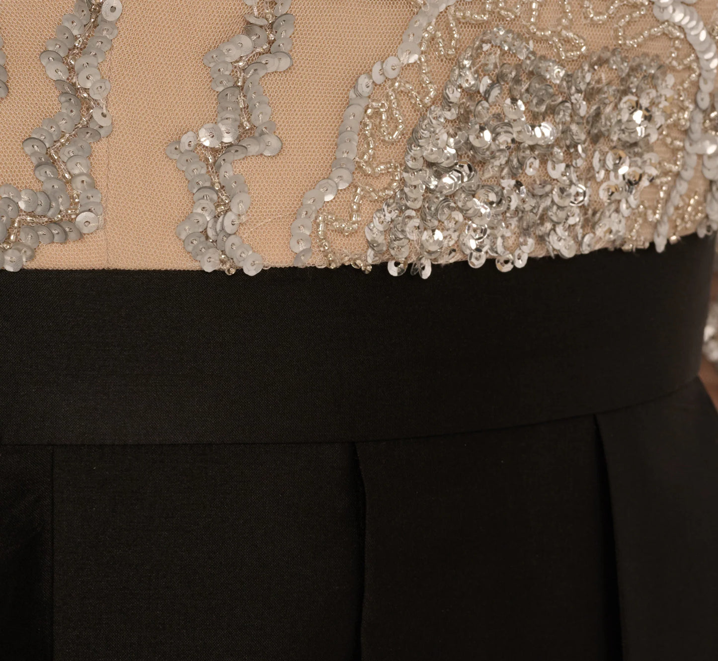 Three Quarter Sleeve Beaded Taffeta Combo Gown In Black Silver