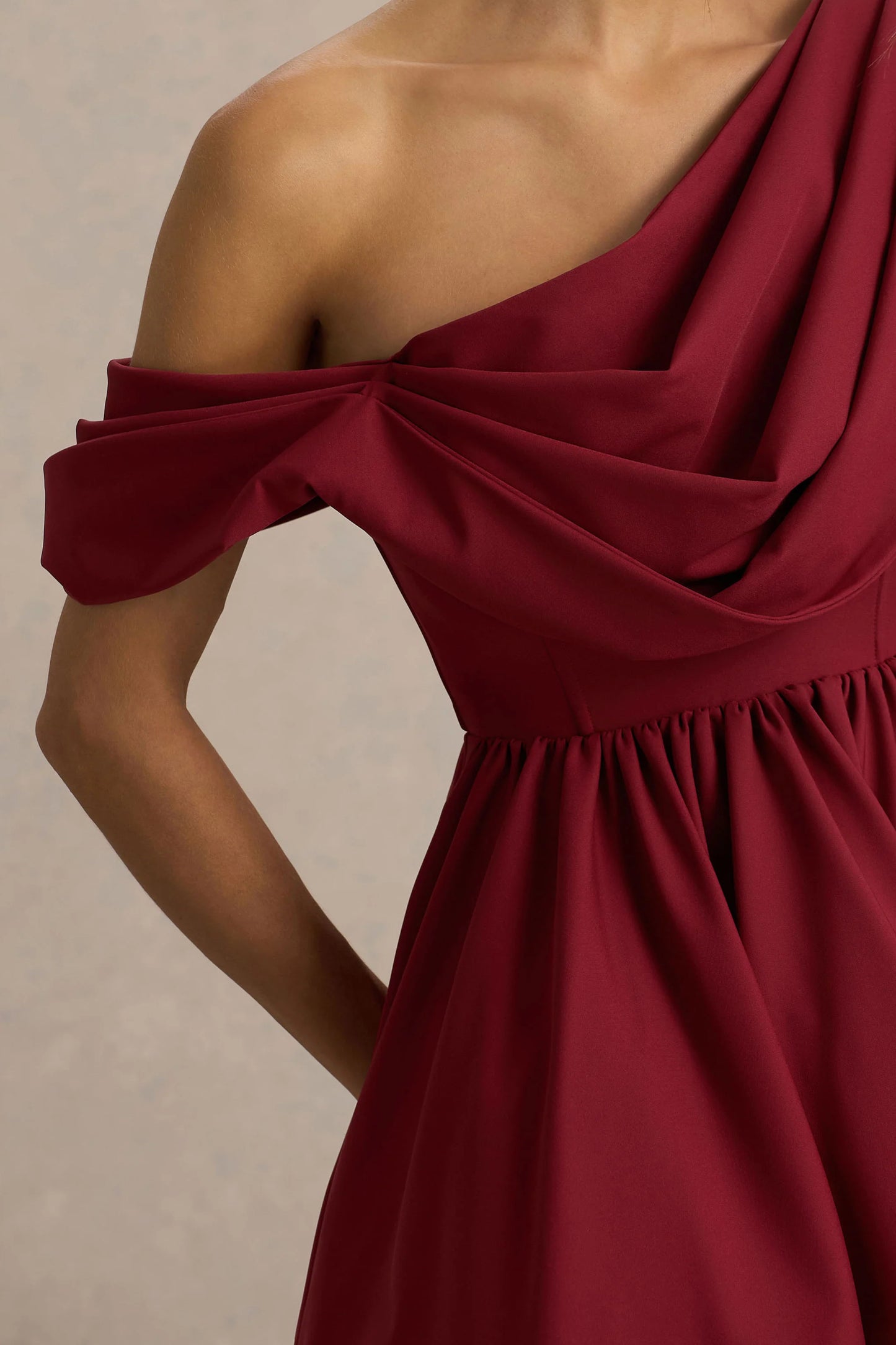 Verona Burgundy Draped Asymmetric-Neck Skater Mini Dress