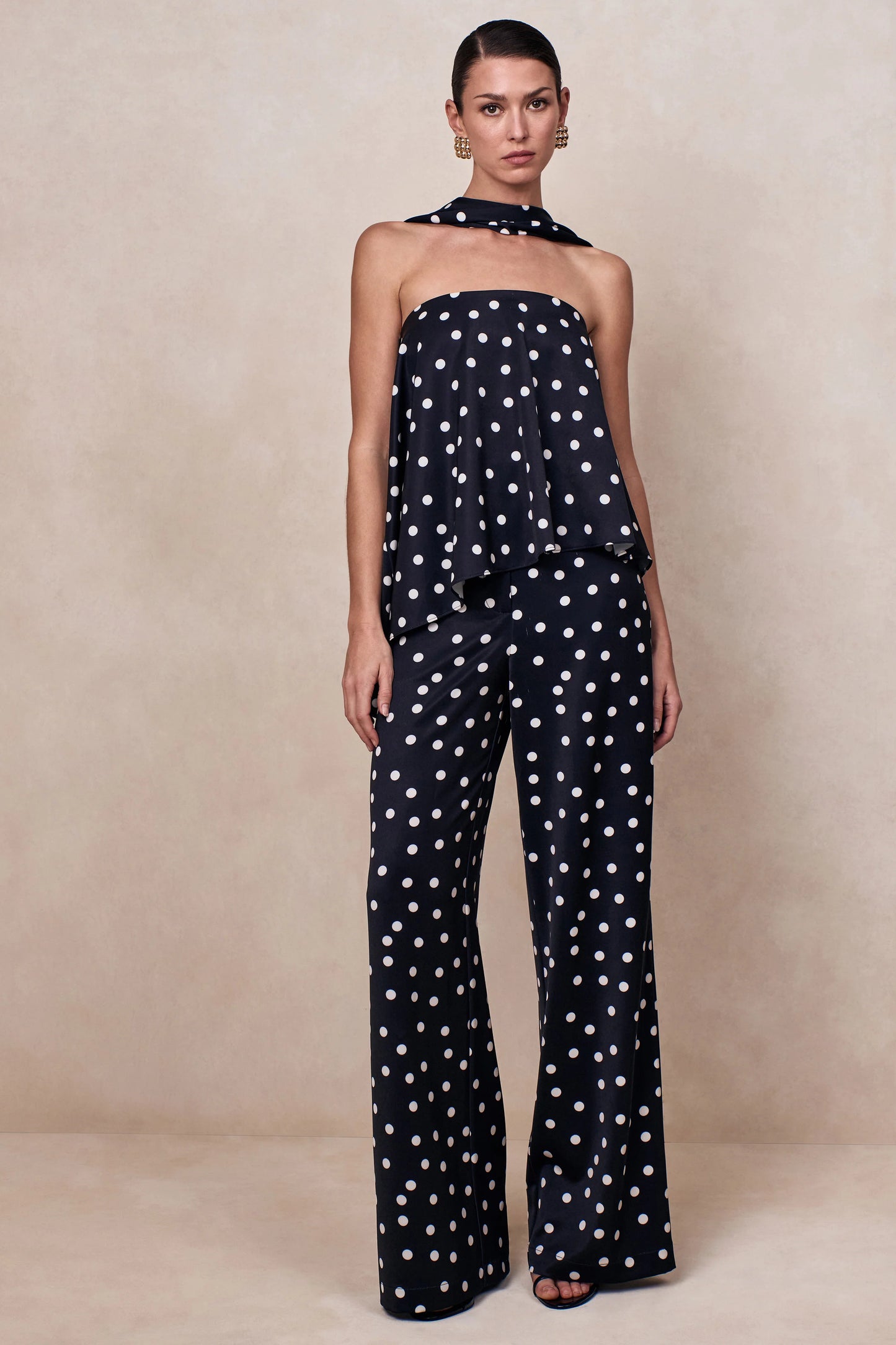 Evandra Black & White Satin Polka Dot Bandeau Top With Scarf