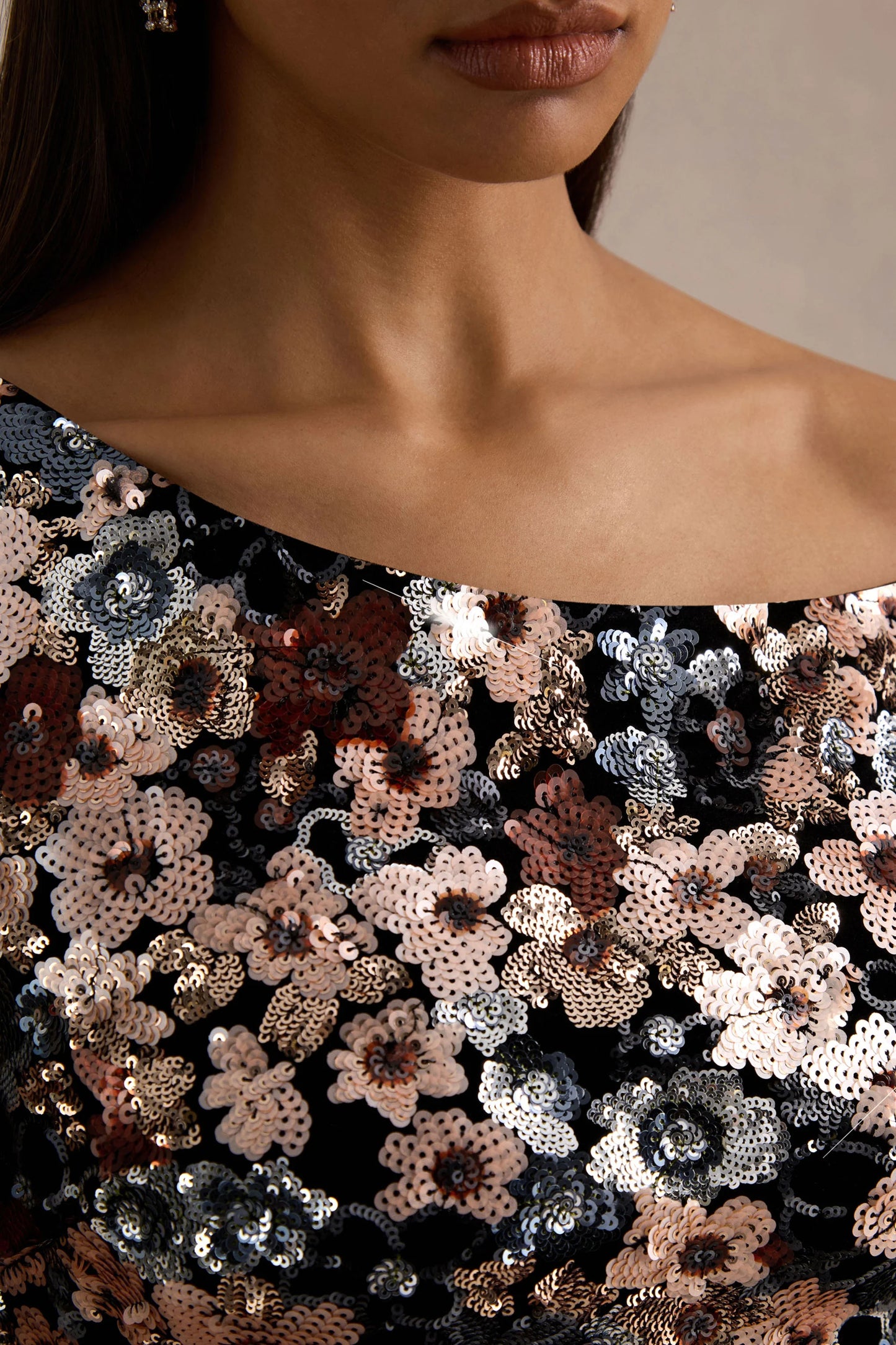 Electric Black Velvet & Embellished Sequin Floral Asymmetric-Neck Maxi Dress