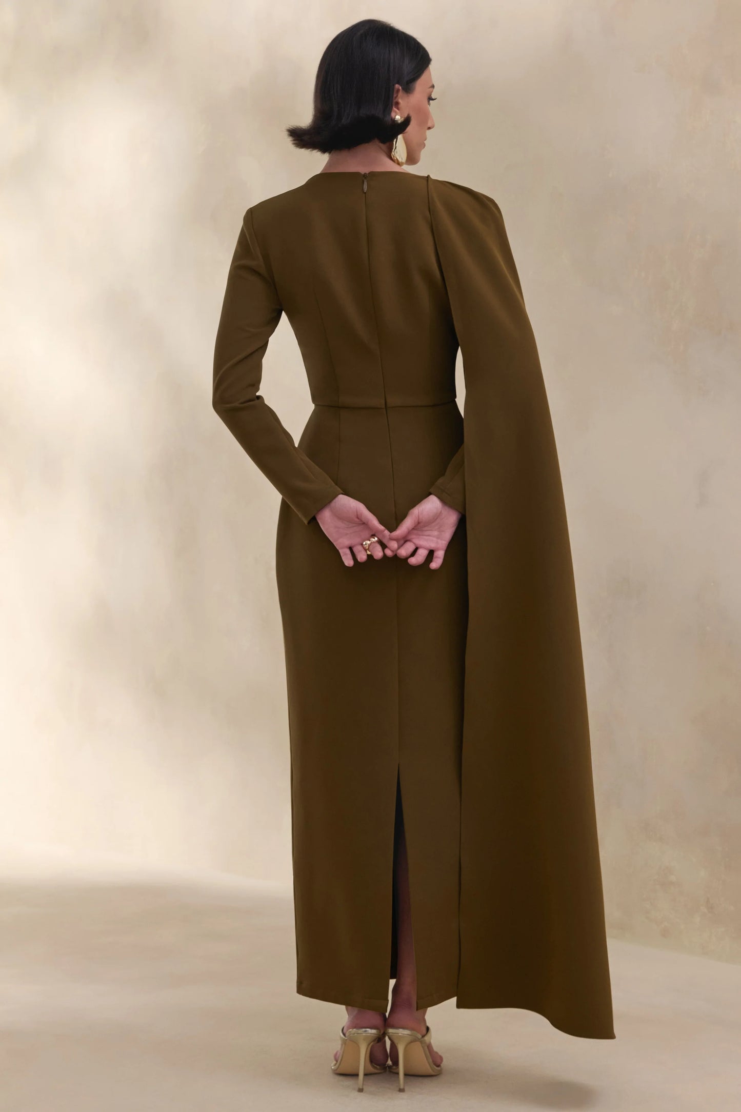 Jovea Olive Round-Neck Maxi Dress With Cape-Sleeve