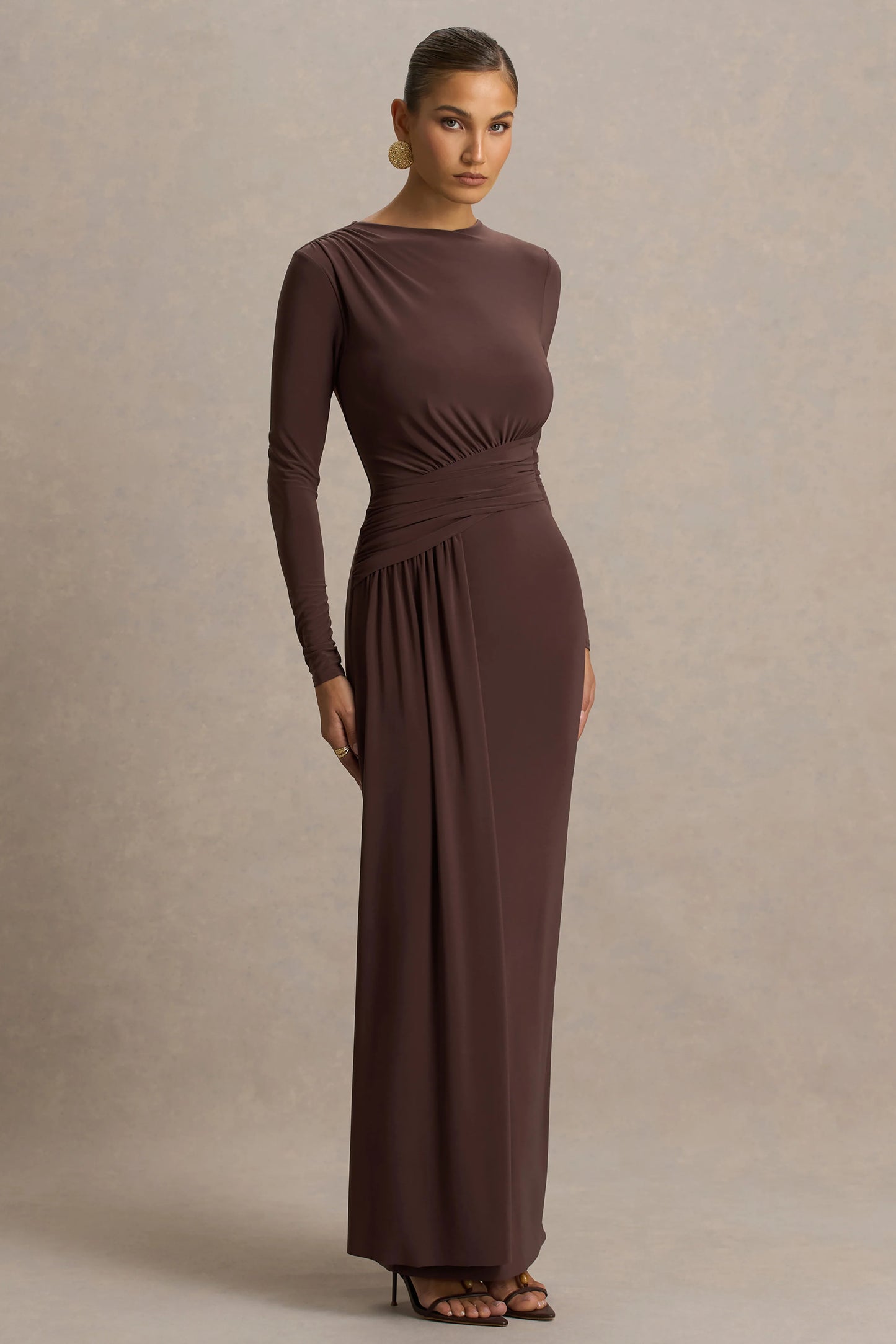 Virelle Brown Boat-Neck Maxi Dress With Wrap Detail And Sash