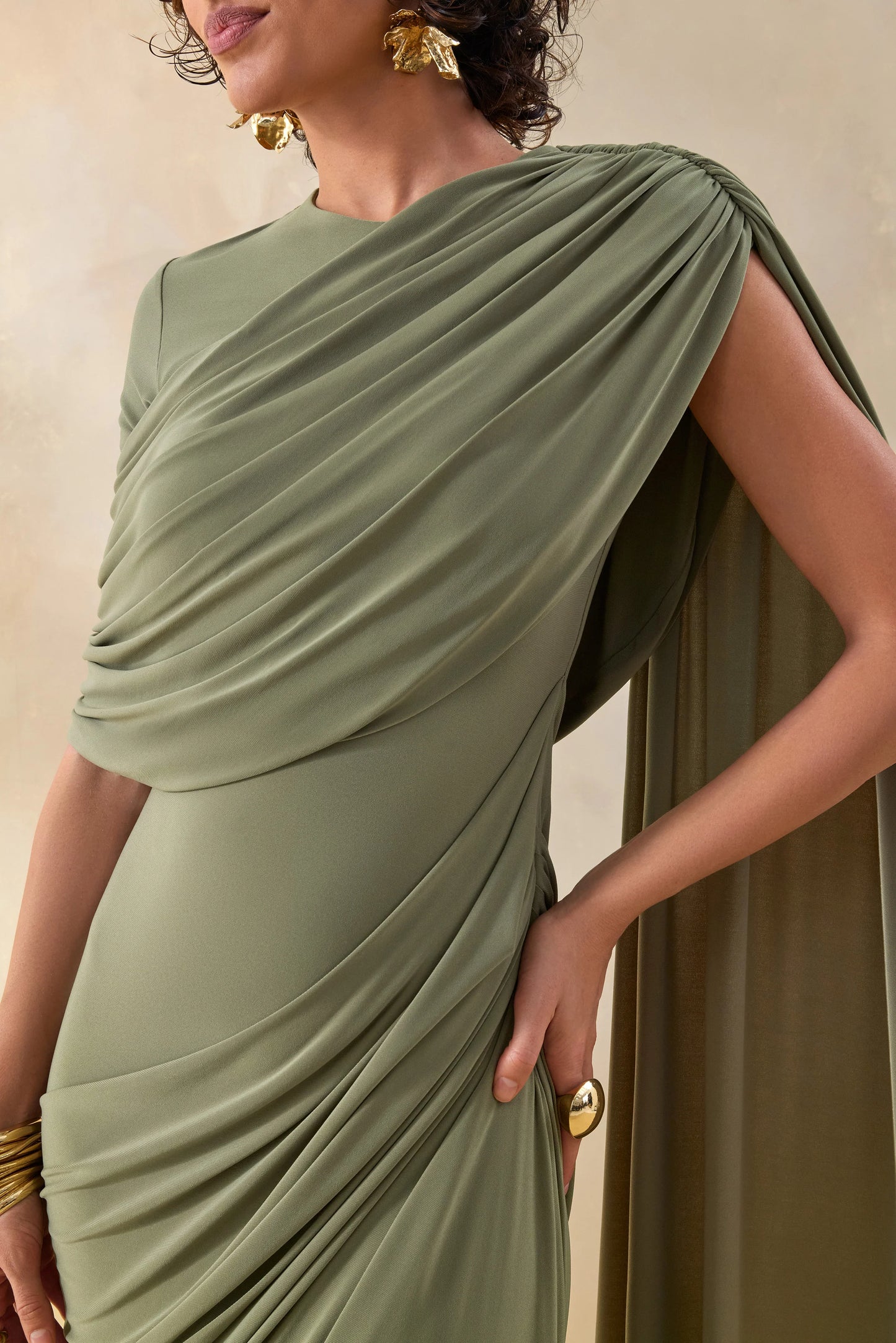 Gisara Olive High-Neck Maxi Dress With Sash And Draped-Detailing