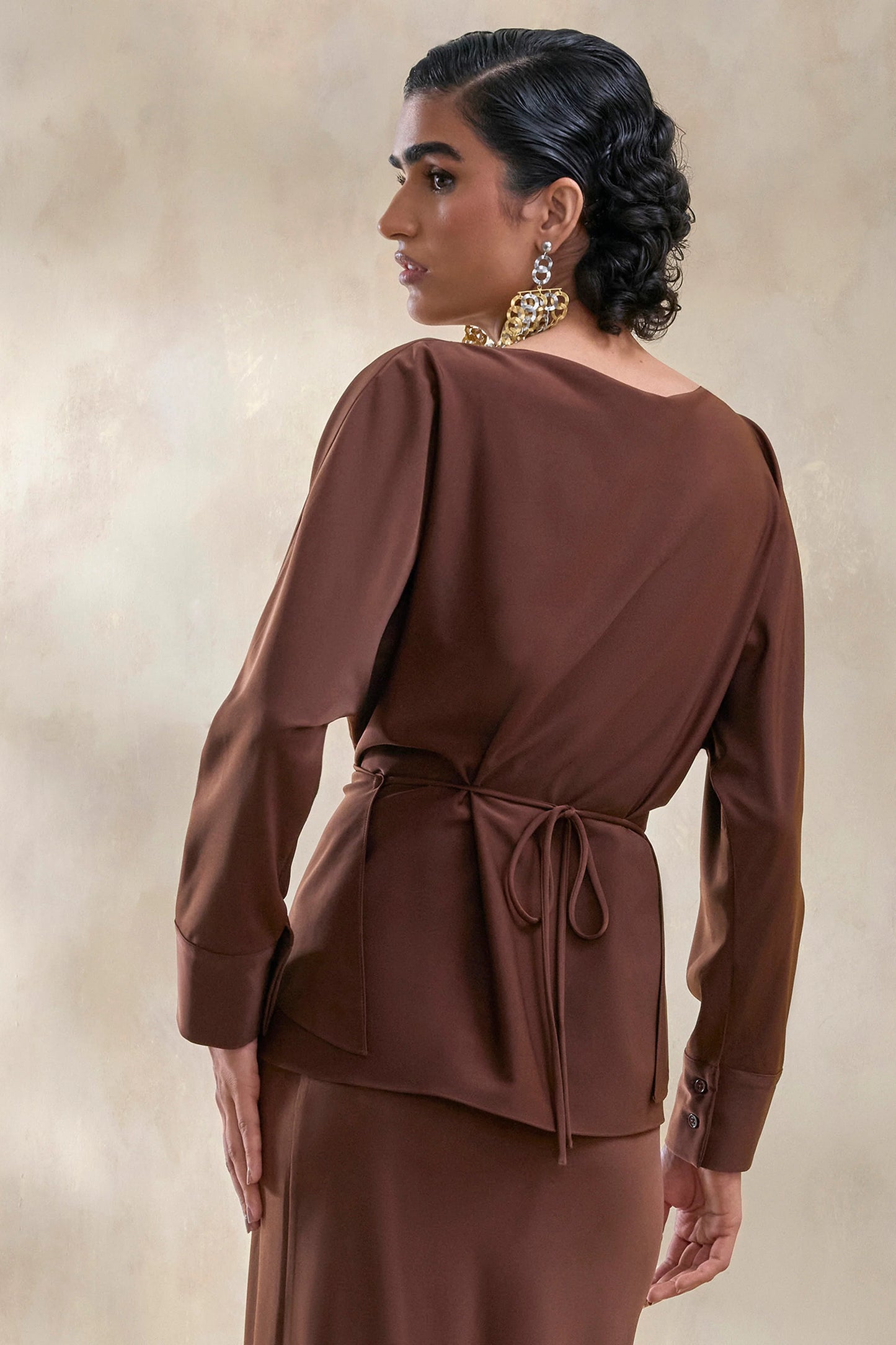 Miravia Brown Satin Wide-Neck Long-Sleeve Top