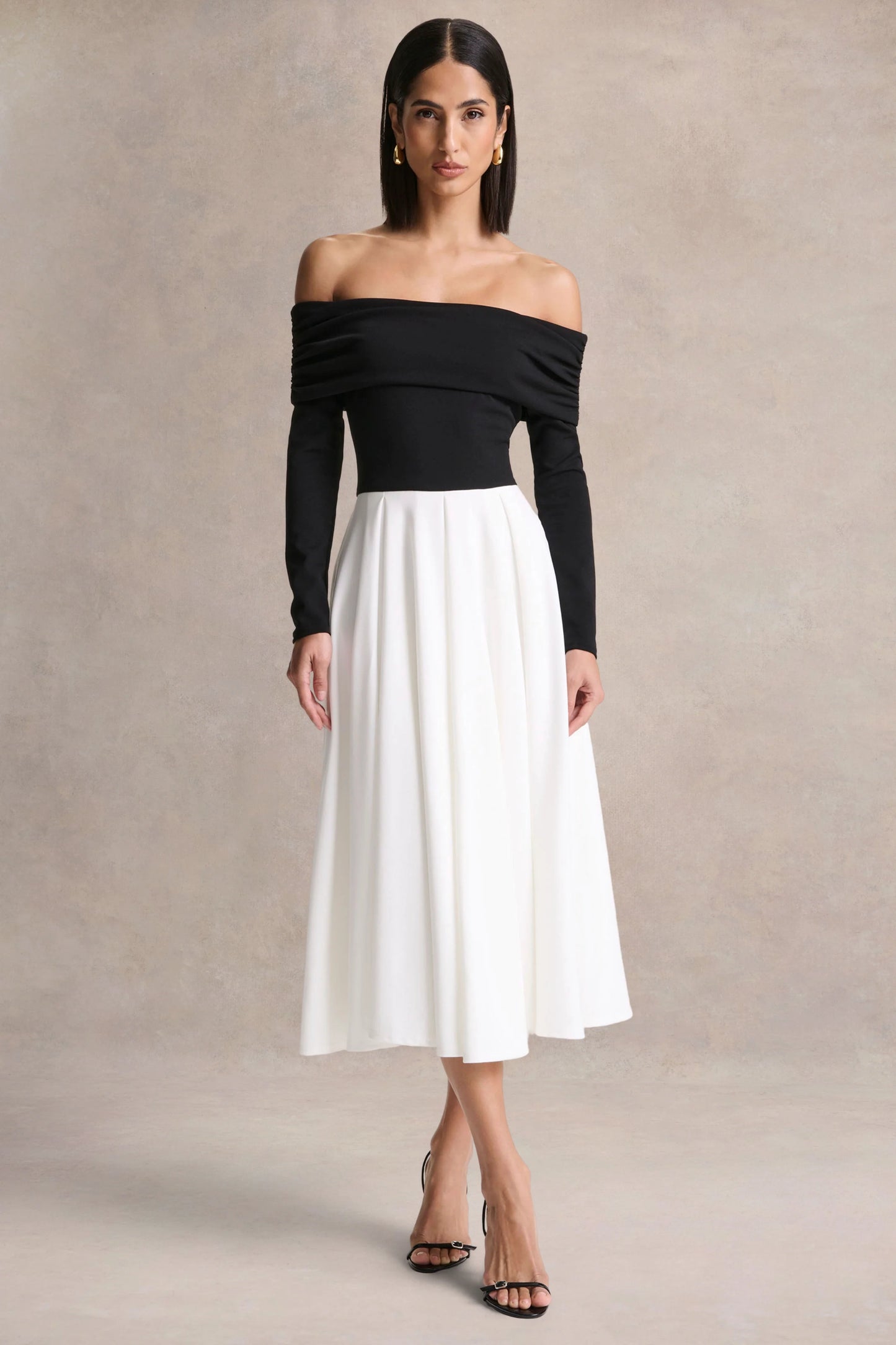 Frederica Black And White Bardot-Neck Midi Dress