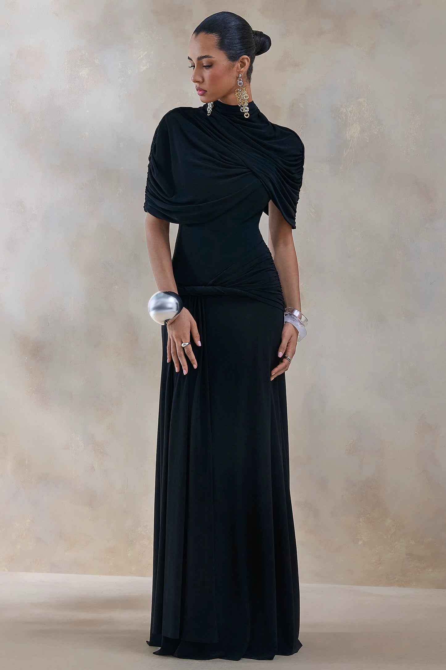 Evelisse Black High-Neck Maxi Dress With Short-Cape Sleeves