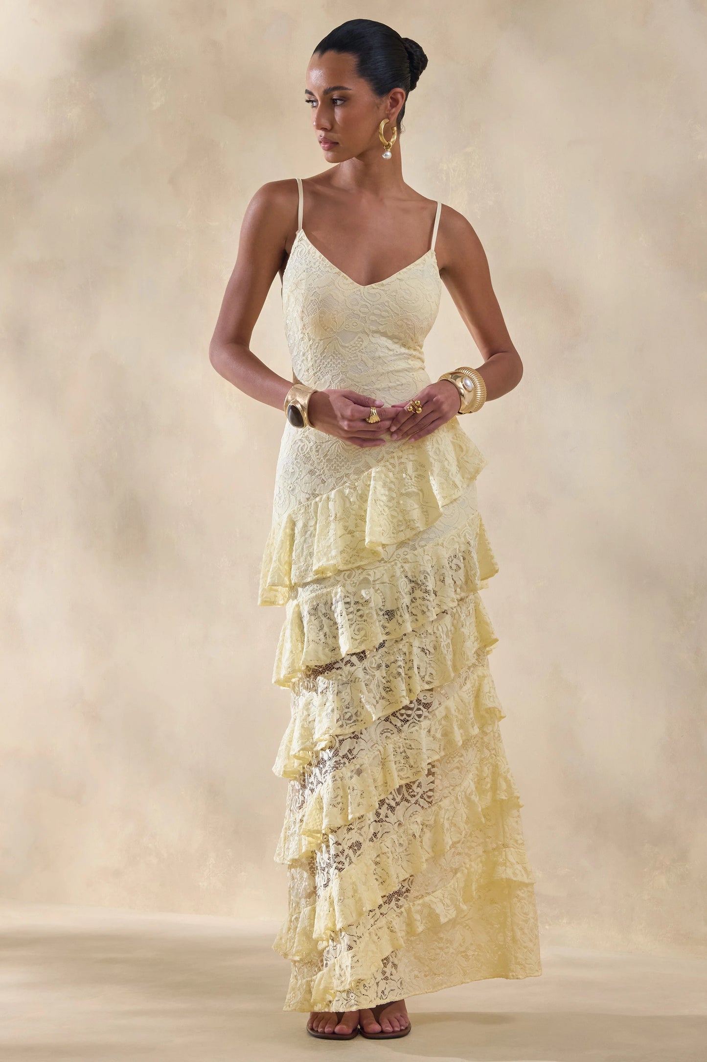 Avelisse Lemon Lace Plunge-Neck Maxi Dress With Ruffled Detailing