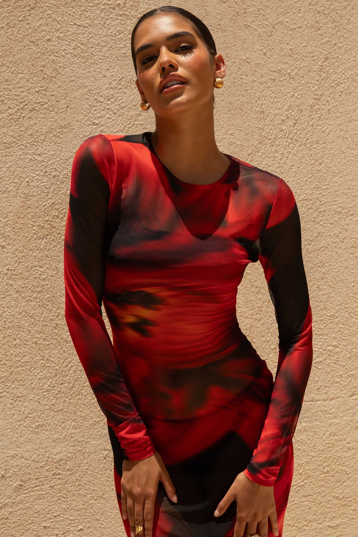 Marcy Red And Black Floral Print High-Neck Maxi Dress